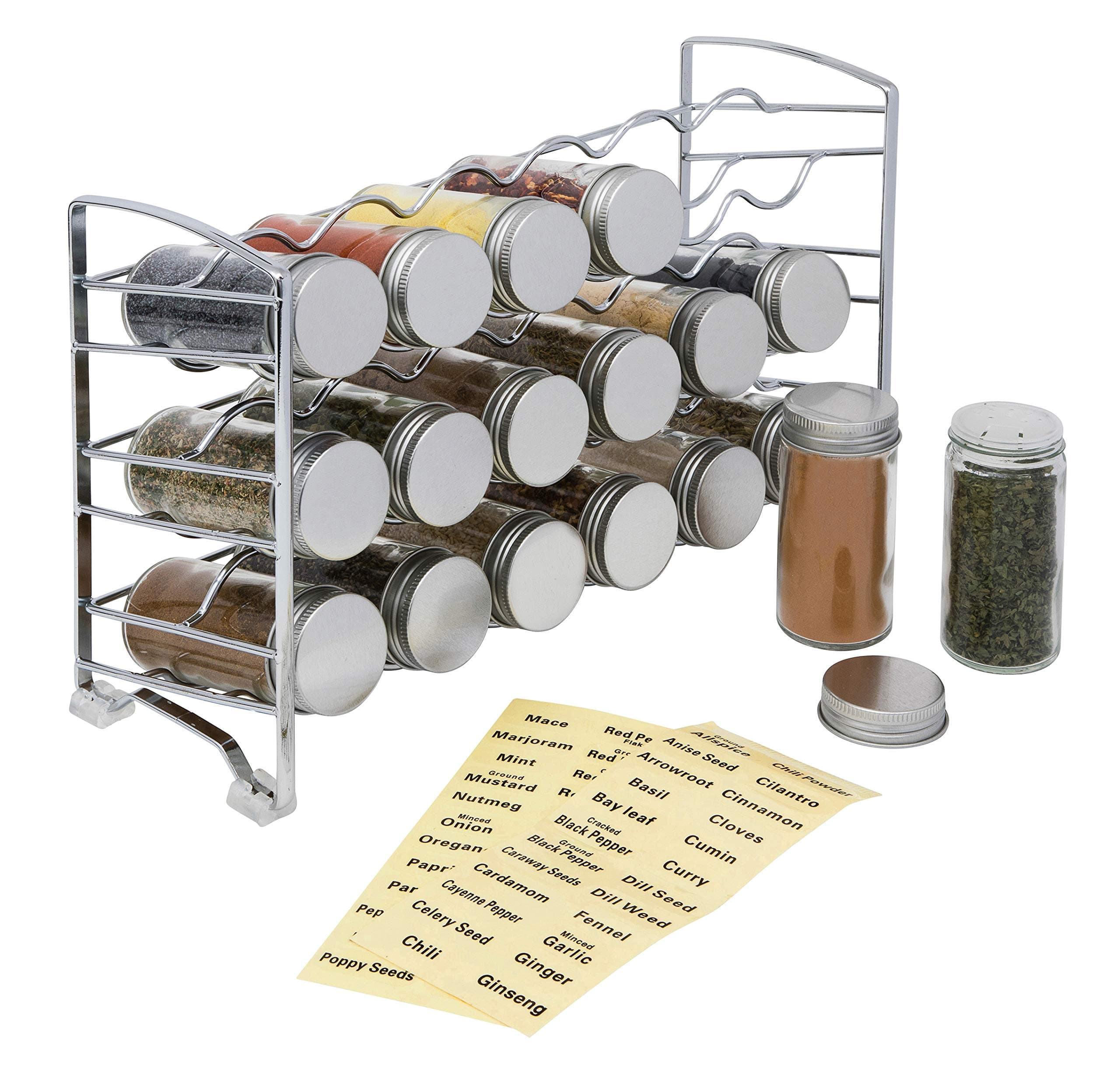 Sponsored Ad – Spice Rack Storage - 3 Tier Metal Spice Rack Organiser with 18 Empty Glass Jar Bottles and 48 Sticker Labels - Stylish Herbs and Spices Organiser for Kitchen Cupboard Island and Pantry – Chrome