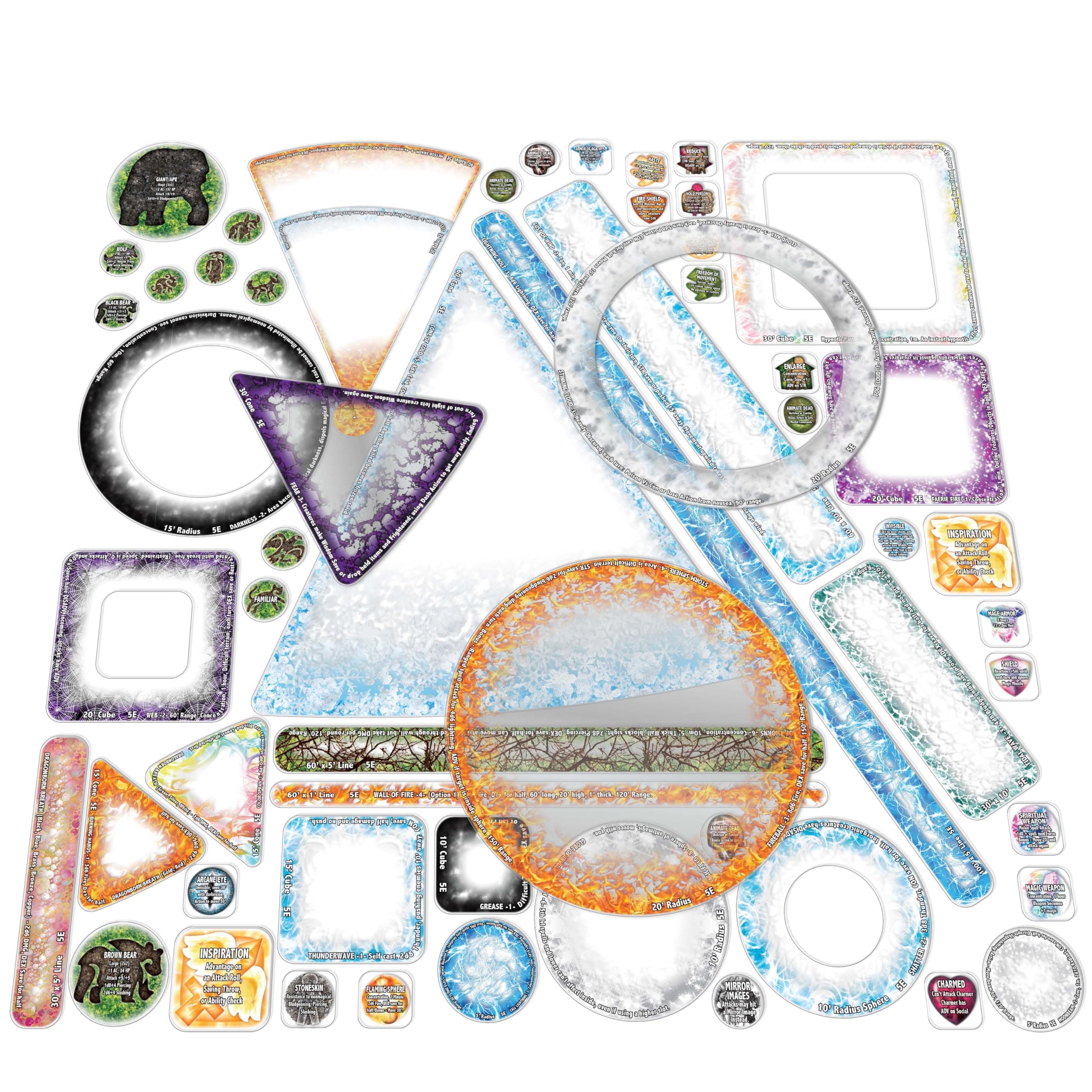 Arcknight Dungeons & Dragons Spell Effects AOE Templates - DND Accessories 24pc Complete Area of Effect Marker Set for D&D 5E - Clear Overlay Measurement Tools All Shapes, Conditions & Buffs