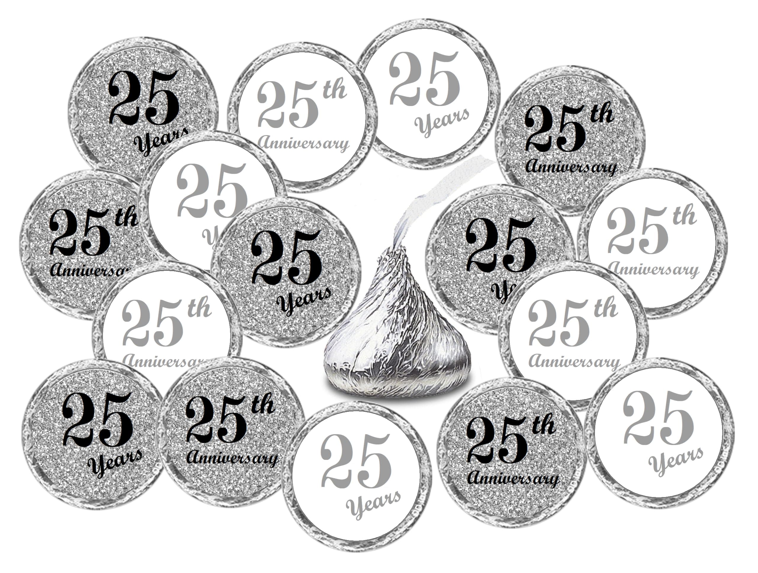 25th Anniversary Kisses Stickers, (Set of 216) Chocolate Drops Labels Stickers for 25th Wedding Anniversary, Party Favors Decor for Kisses. Made in USA