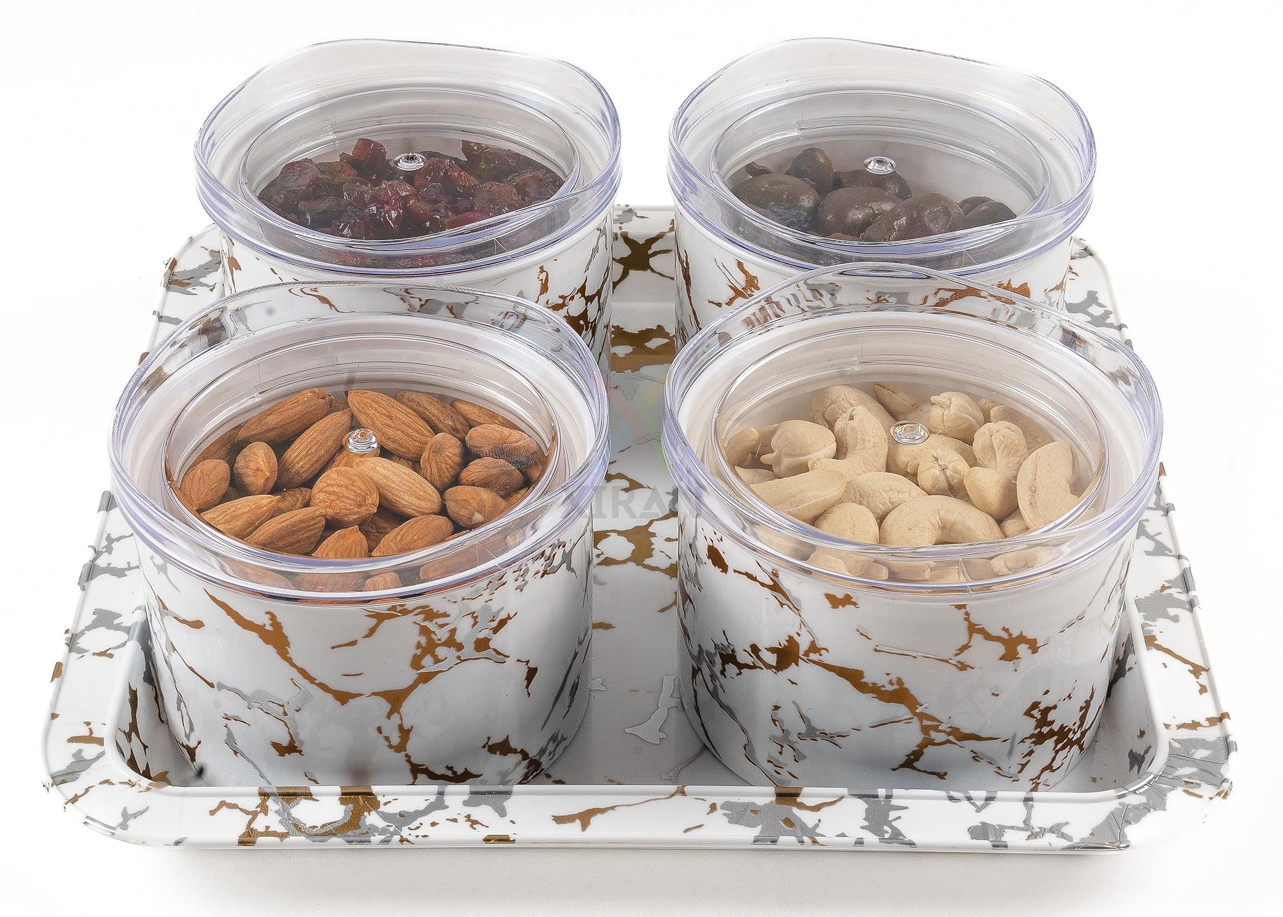 Airtight Dry Fruit Containers with Lid & Serving Tray, Dry Fruit Box for Serving Sweets, Chocolates, Candy, Pickle, Mukhwas, Kitchen accessories Items (4 Pieces Set, White, Polypropylene)