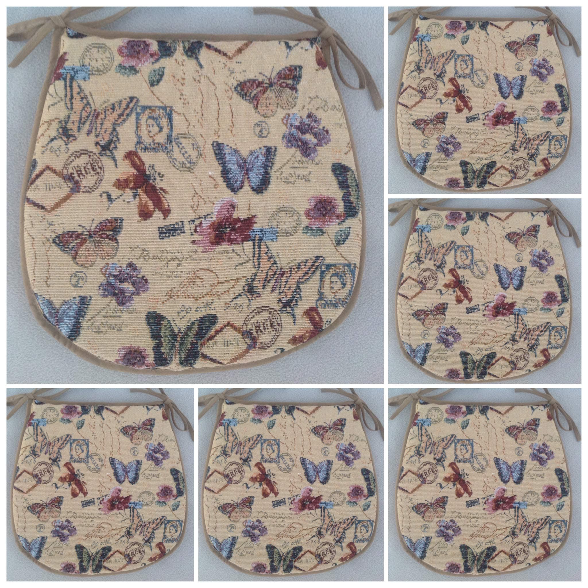 SET OF 6 BUTTERFLY PATTERN TIE ON CHAIR SEAT PADS (For Seats Approx.14" Wide X 14" Deep)