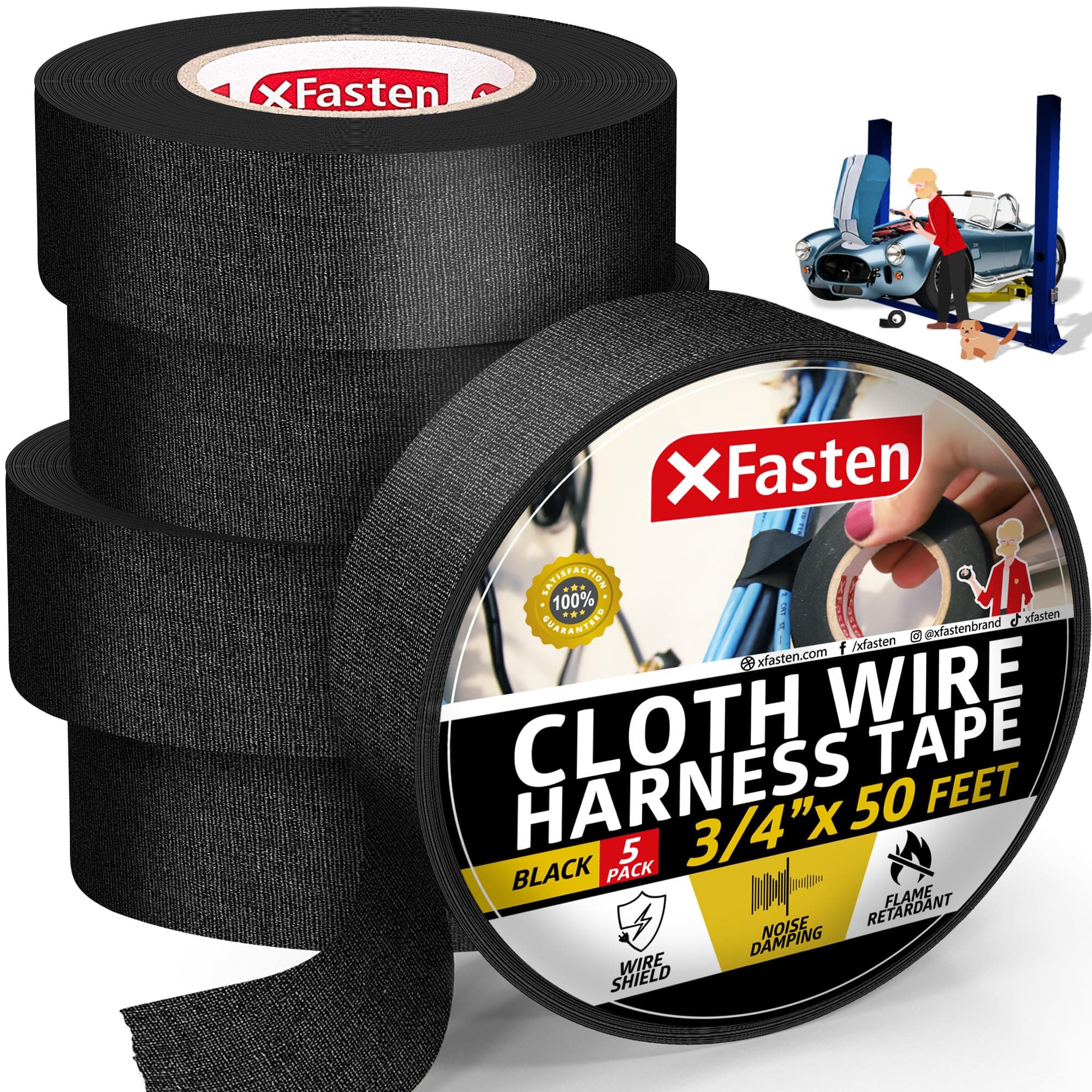 Wire Harness Tape, 3/4-Inch by 50-Foot (5-Pack), High Temp Wiring Loom Harness Self-Adhesive Felt Cloth Electrical Tape for Automotive Engine and Electrical Wiring
