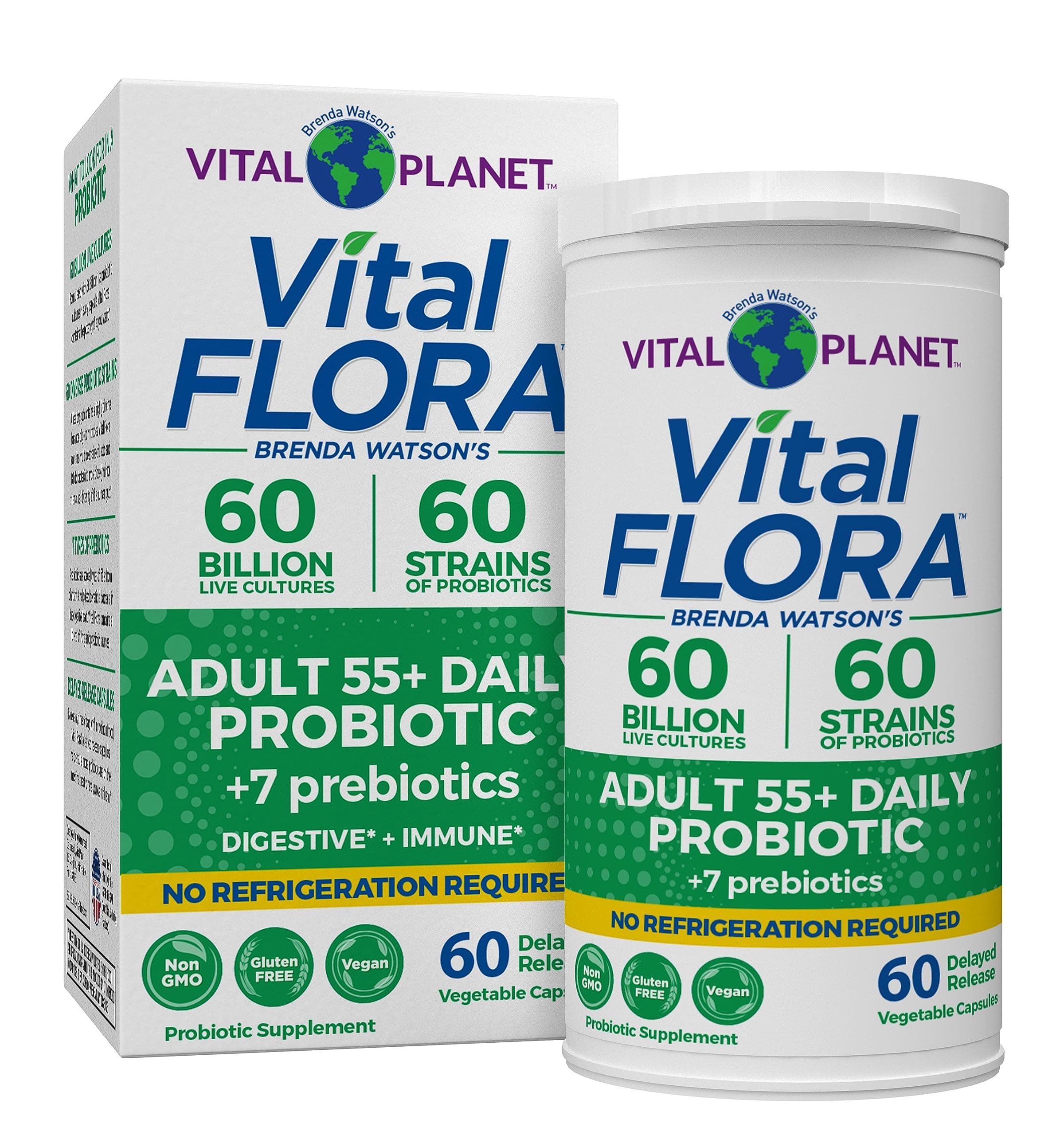 Vital Flora Adults Over 55 Daily Probiotic 60 Billion CFU, Diverse Strains, Organic Prebiotics, Immune and Digestive Health Shelf Stable Probiotics for Women and Men, 60 Capsules