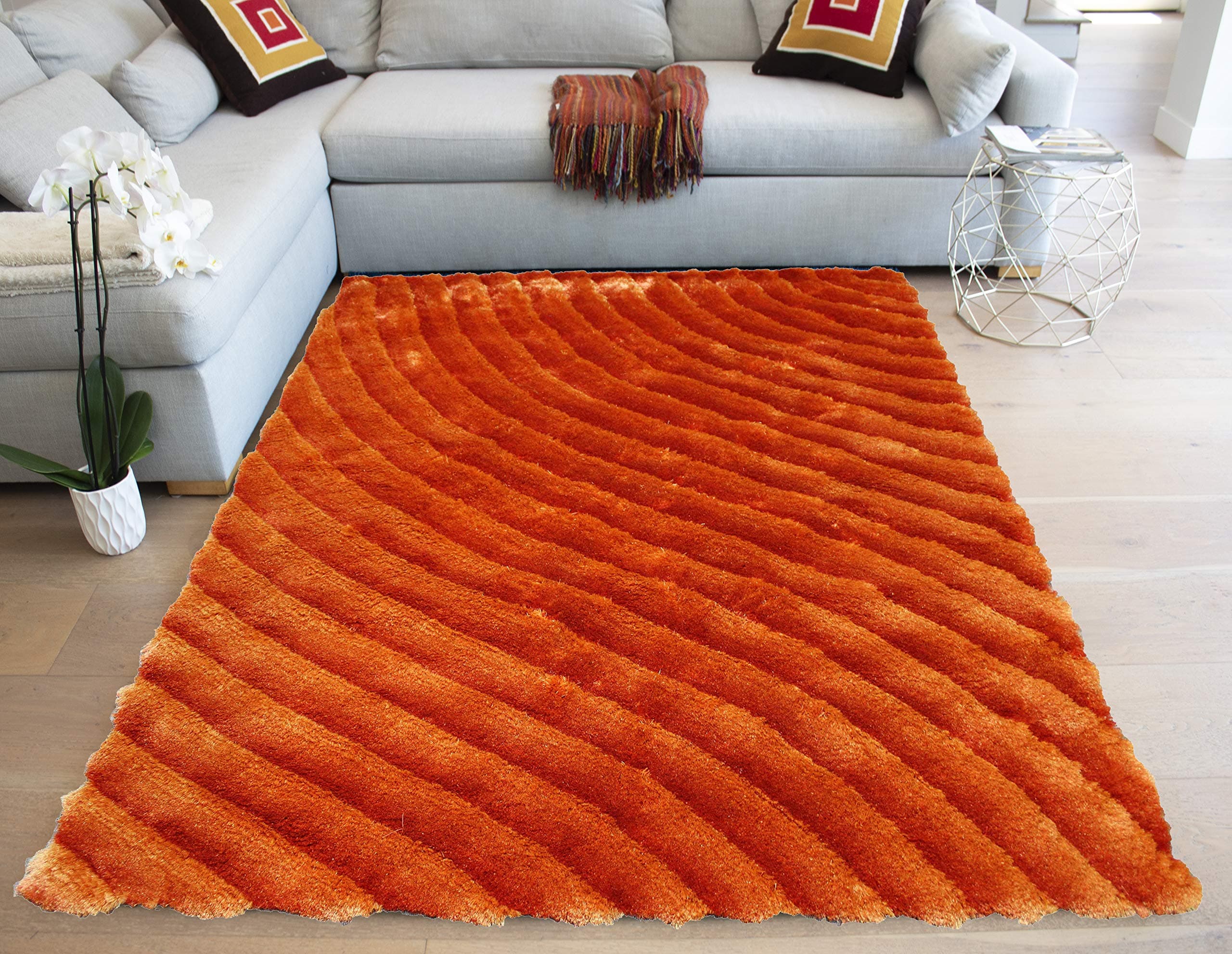 Shiny Shag Shaggy Fuzzy Furry Geometric Striped Hand Woven Braided Decorative Designer 3D Carved 8’x10’ Feet Light Orange Dark Orange Colors Bedroom Living Room Indoor Décor Modern Contemporary