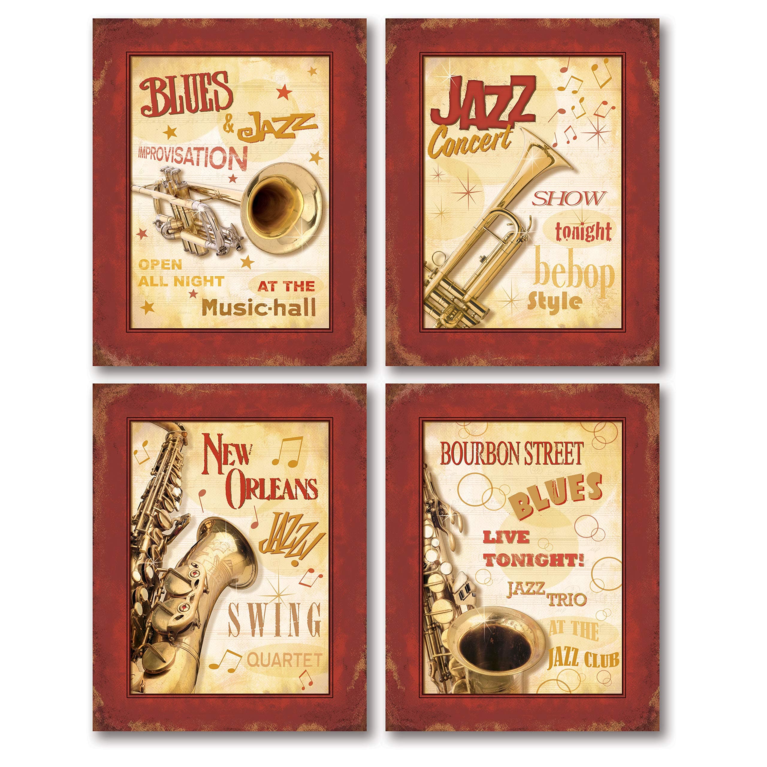 Vintage New Orleans Jazz and Blues Show Signs; Four 8x10in Poster Prints. Red/Cream