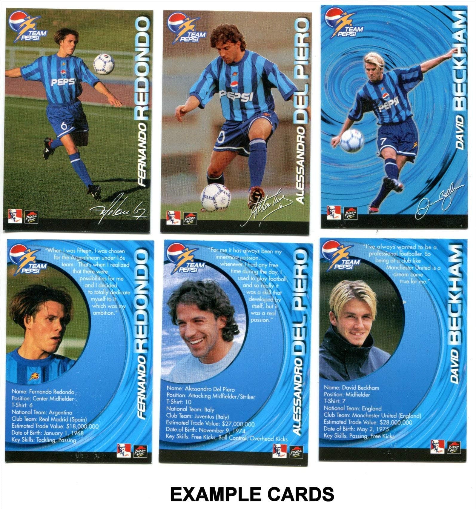 1998 Team Pepsi Soccer Football Cards COMPLETE SET! David Beckham, Carlos, Del Piero, Owen ++ RARE!
