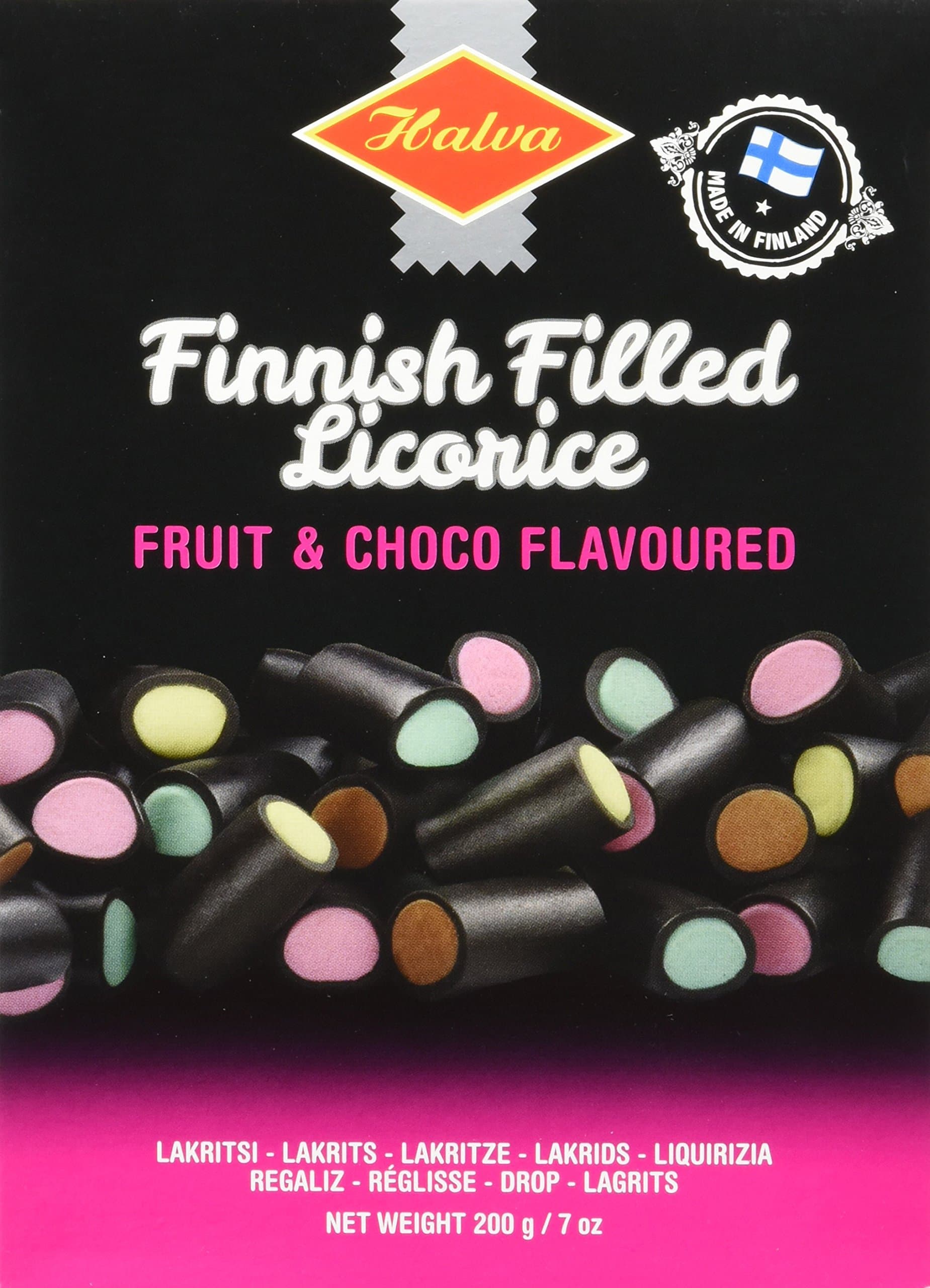 Halva Finnish Fruit and Chocolate Filled Licorice (200-gram Box) (Pack of 8)