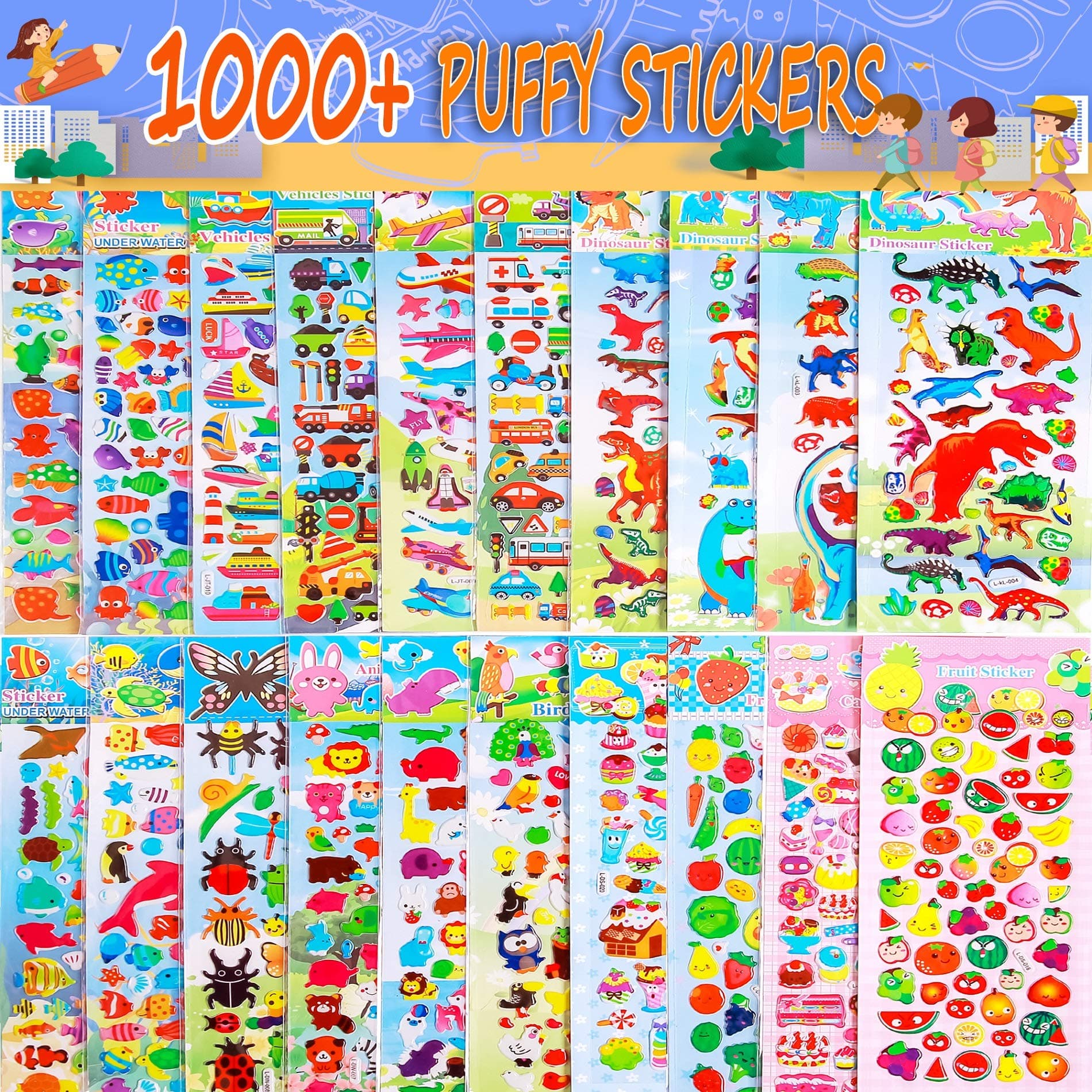 HORIECHALY Stickers for Kids 20 Different Sheets Cartoon 3D Puffy Stickers, 1000 Stickers for Teachers, Including Animals, Dinosaur, Cars Transportation, Foods, Cakes Marine Creature, Fishes and More.