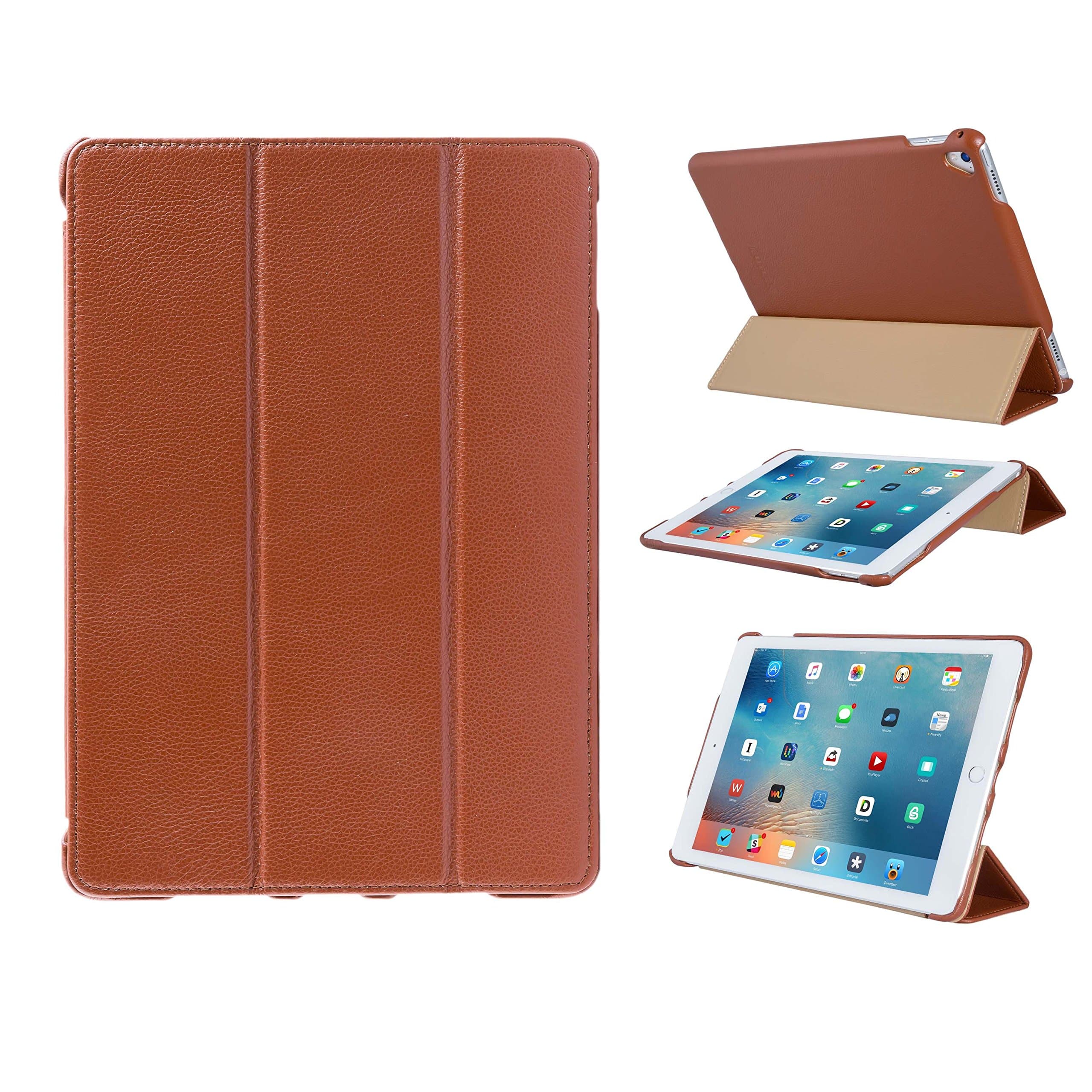 FUTLEX Genuine Leather Smart Cover Case Compatible with iPad Pro 9.7" (2016 Year A1673 A1674 A1675) - Brown - Multiple Stand Position - Auto Wake/Sleep Function
