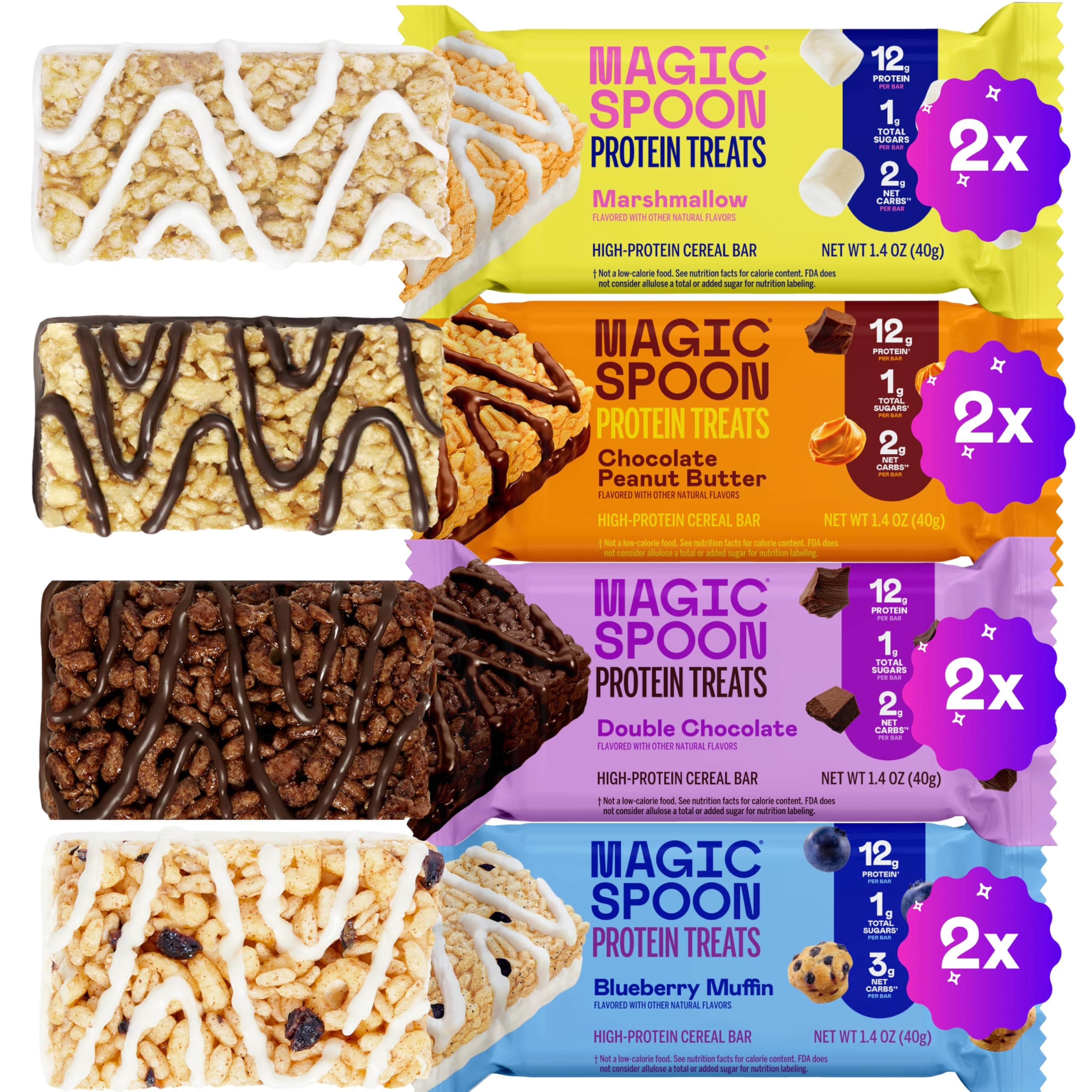Treats - 8 High Protein Bars: 2 Marshmallow, 2 Chocolate Peanut Butter, 2 Blueberry Muffin, 2 Double Chocolate - High Protein Gluten Free Snack - Sugar Free Protein Cereal Bar