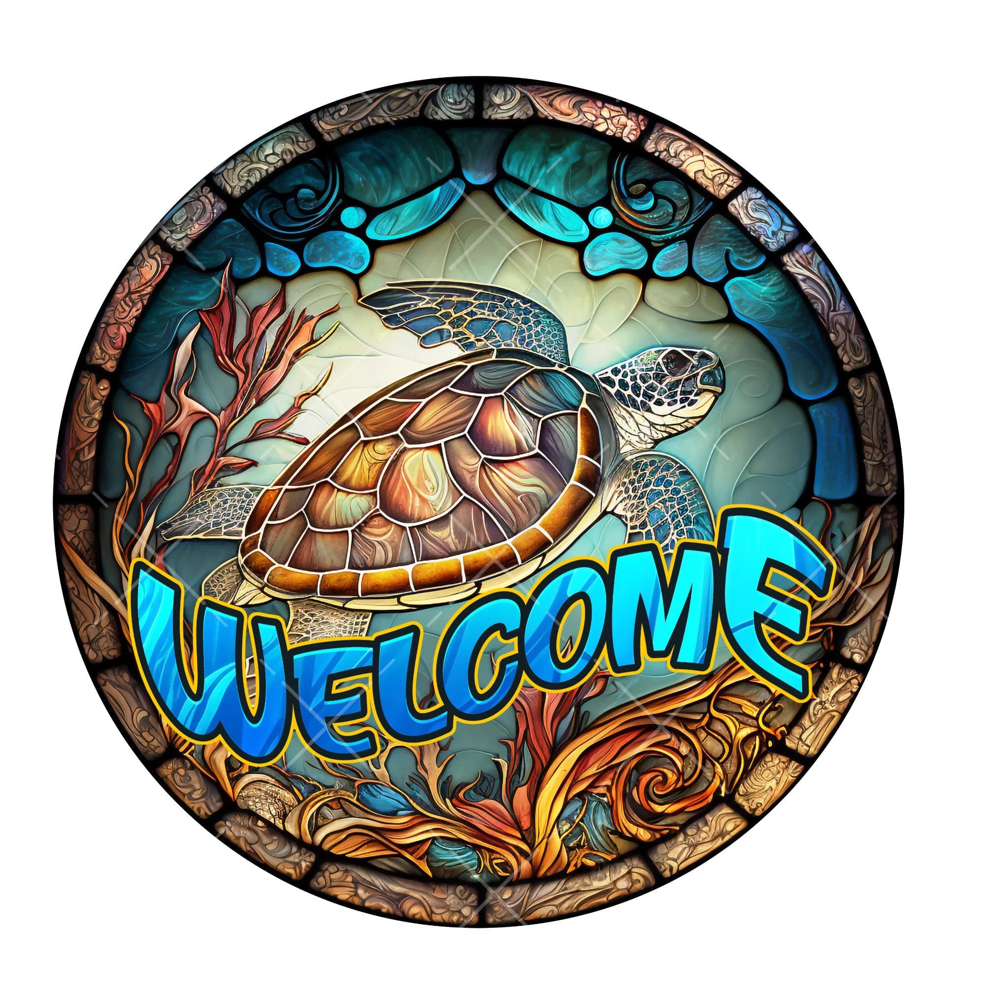 Retro Personalized Round Metal Sign Faux Stained Glass sea Turtle Choose Your Saying Wreath Sign, Metal Wreath Sign, Door Decor, Signs for Wreaths, lindys Sign Creations 12x12 inch