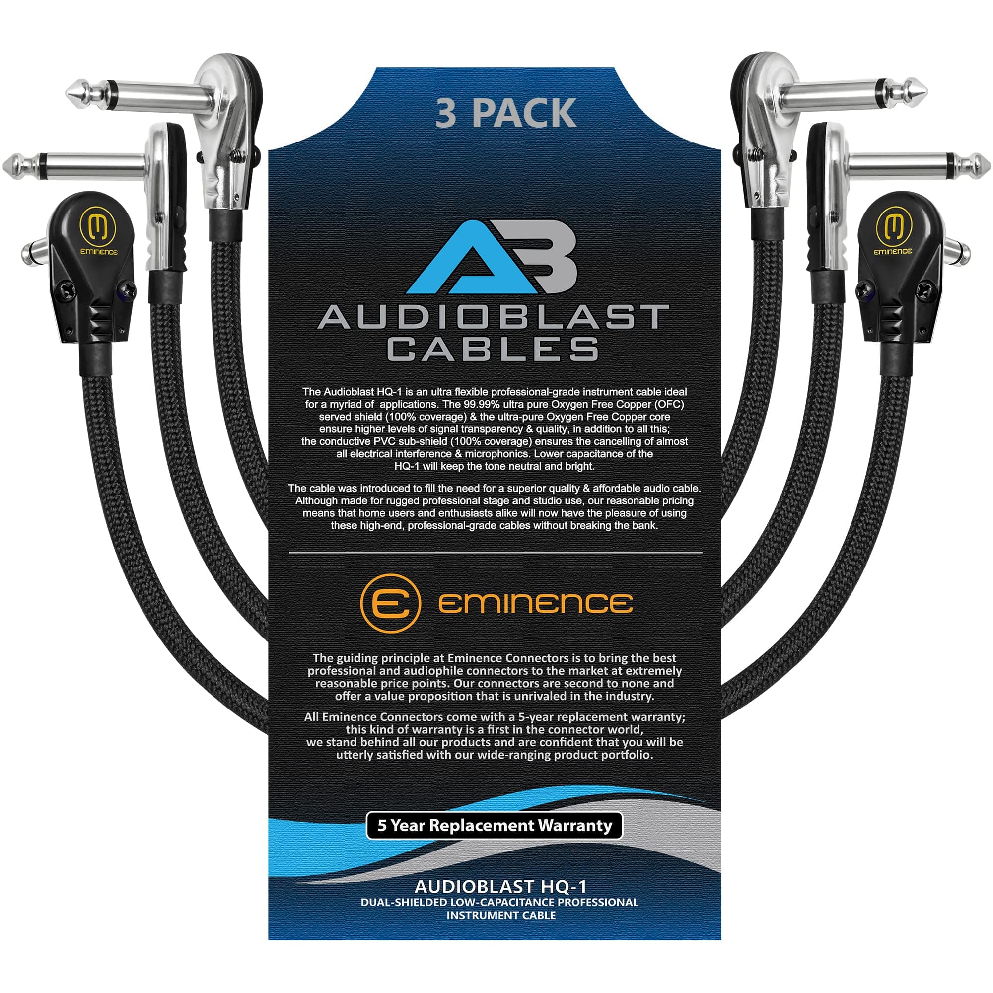 3 Units - 1.5 Foot - Audioblast HQ-1 - Ultra Flexible - Dual Shielded (100%) - Instrument Effects Pedal Patch Cable w/ ¼ inch (6.35mm) Low-Profile, R/A Pancake Type TS Connectors & Dual Staggered Boot