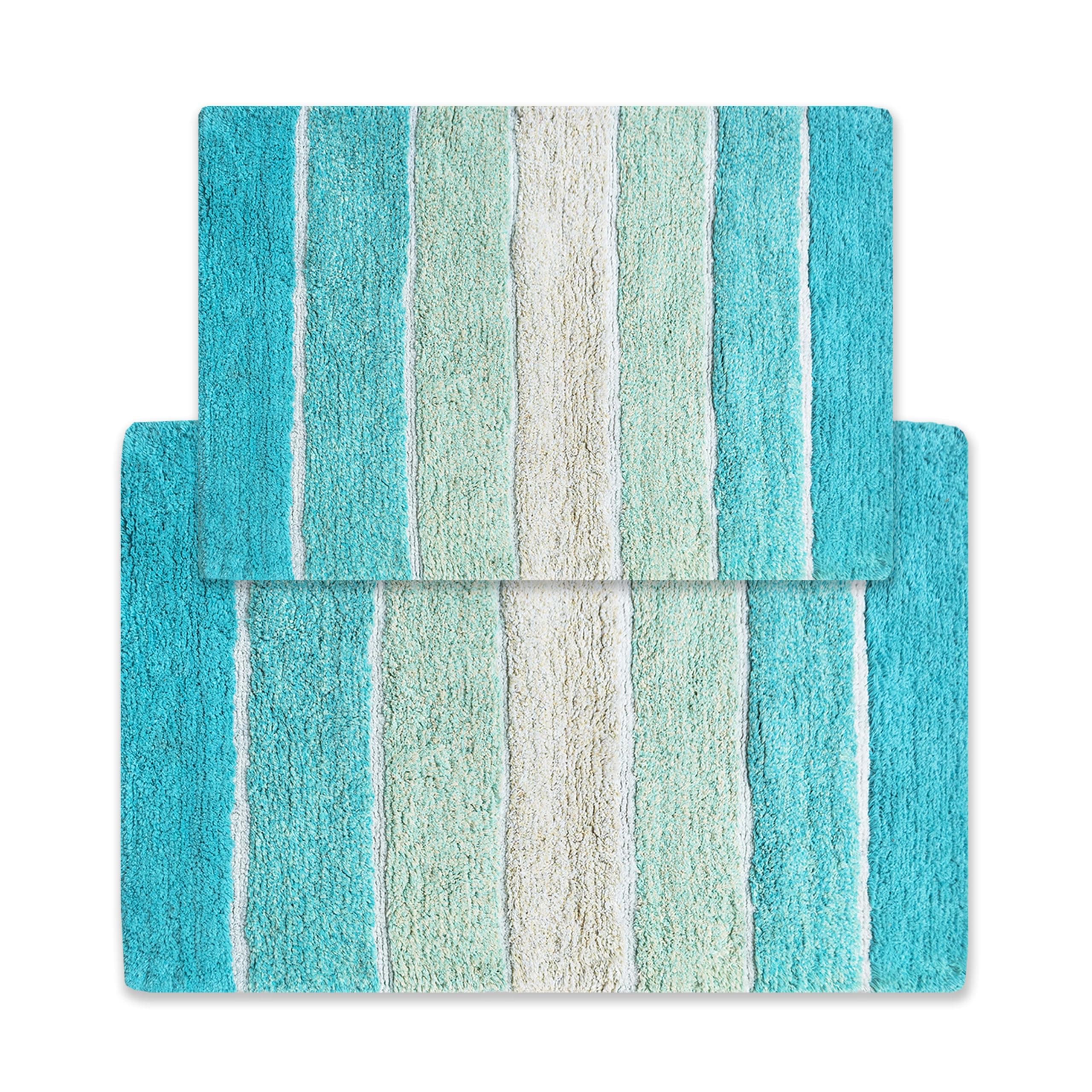 Chardin home Cordural Stripes Bath Mat, Set of 2 Bath Rugs (17 Inches x24 Inches & 21 Inches x34 Inches) | Non Slip Bathroom Rug, Machine Washable, Plush, Highly Absorbent | Aqua Turquoise Ombre