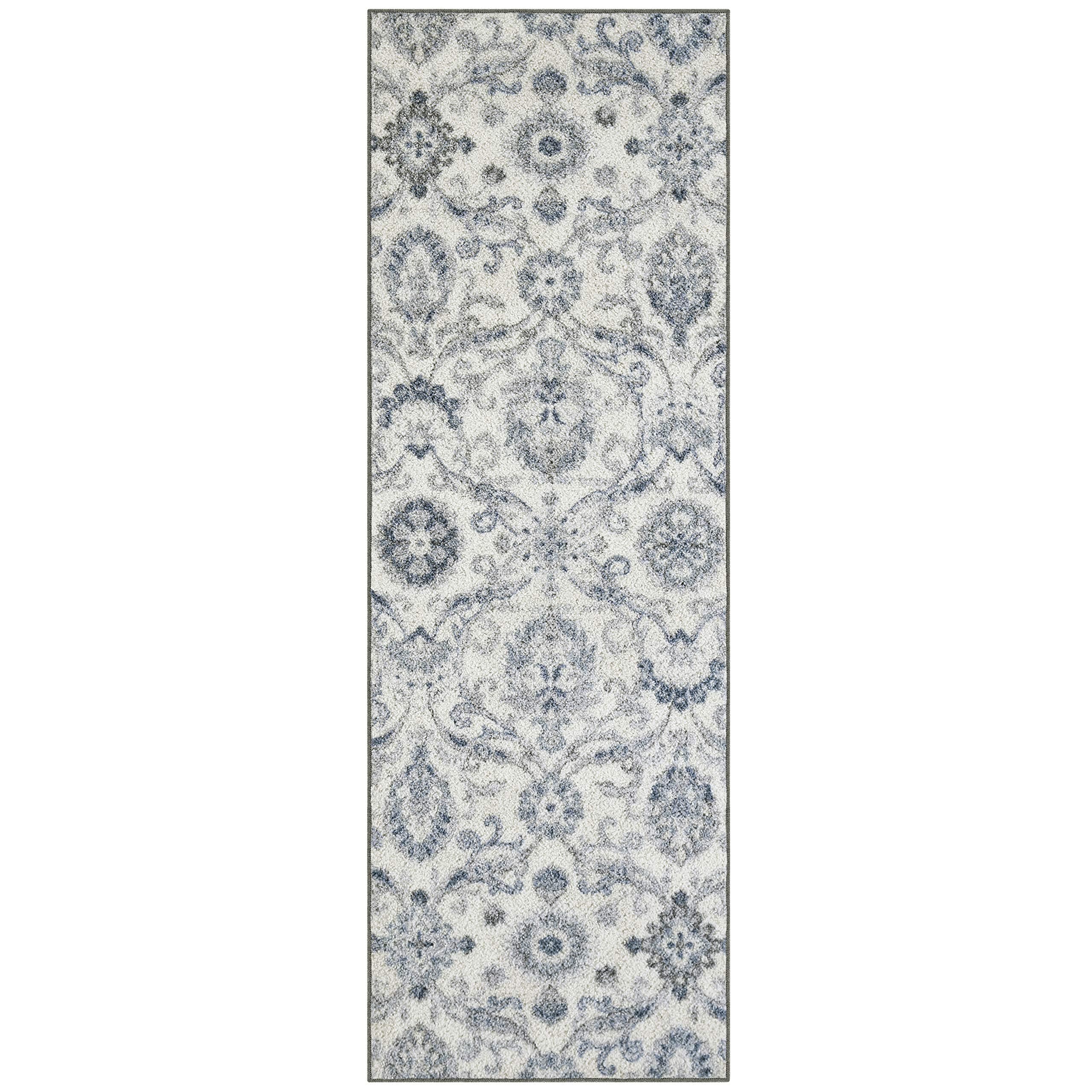 Maples Rugs Blooming Damask Runner Rug - Made in USA – Washable, Non Slip Indoor Carpet for Hallway, Kitchen, and Laundry Room, 2' x 6', Grey/Blue