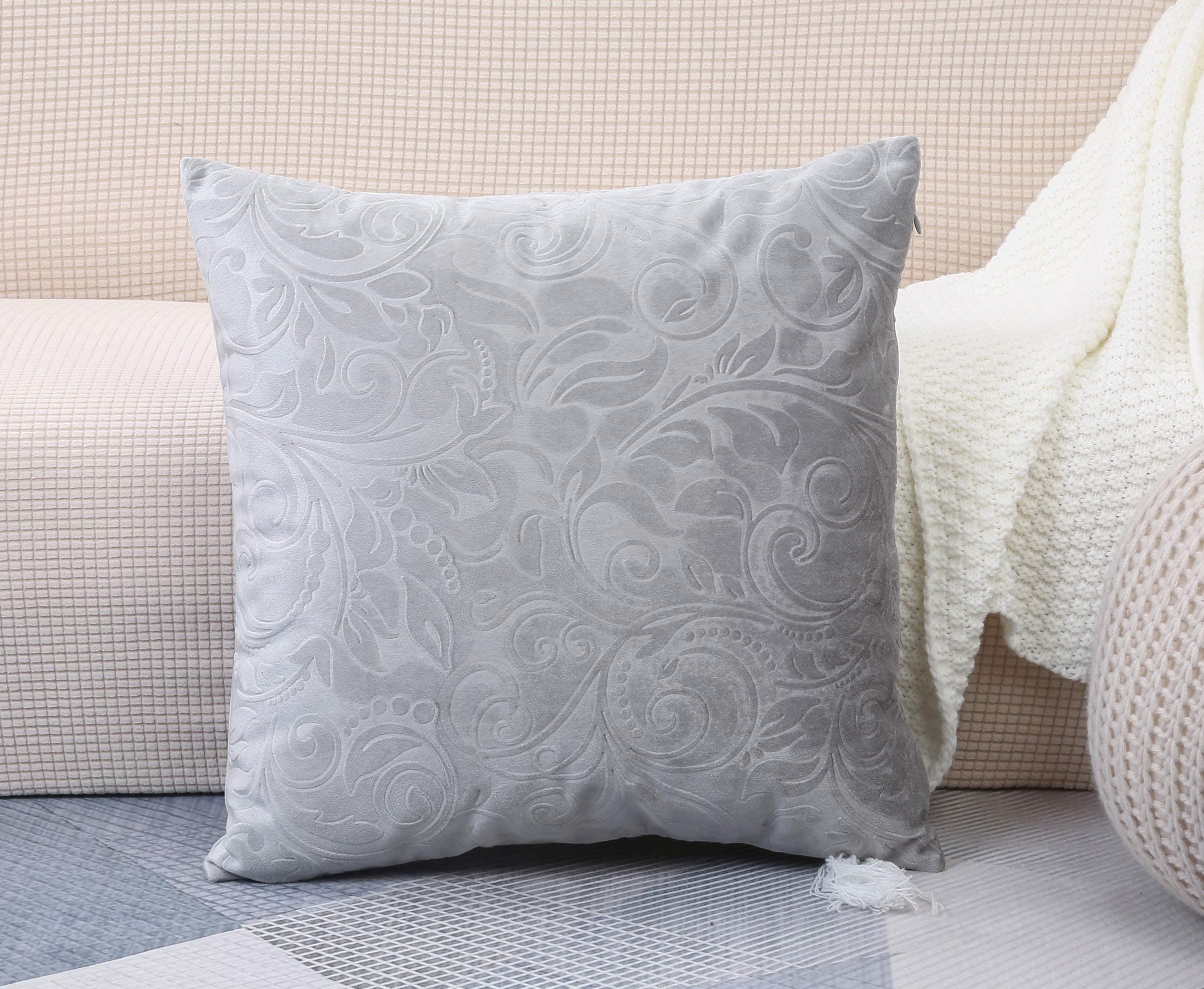 TangDepot Heavy Velvet Embossing Throw Pillow Cover, Classis Floral Anaglyph Velvet Fabric, Euro Sham, European Throw Pillow Cover, Indoor/Outdoor - (26" x 26", C06 Silver)