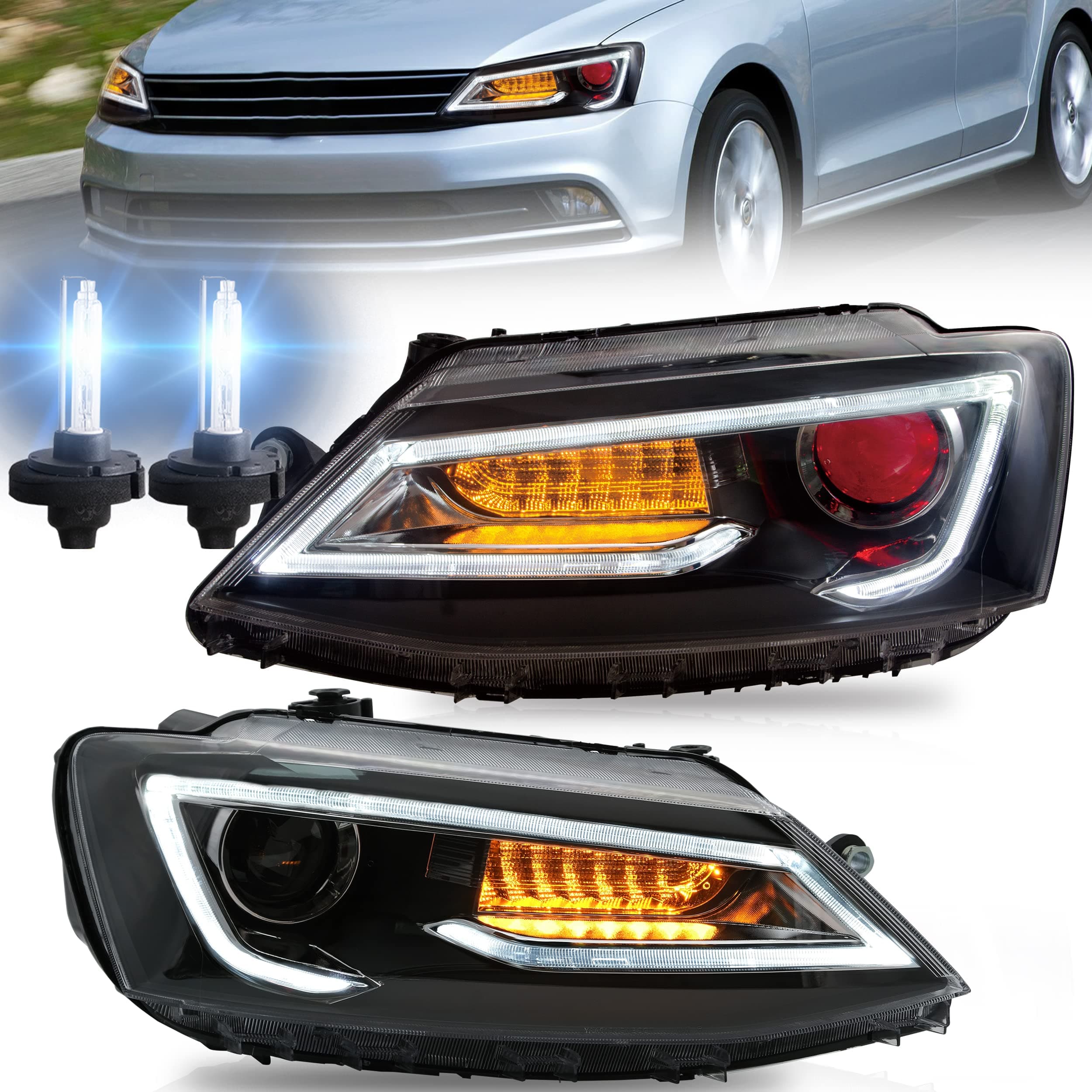 VLAND Headlights with D2H HID Bulbs Fit for Volkswagen Jetta 2012-2018 (NOT GLI), Plug-and-play, with Demon Eyes(optional)