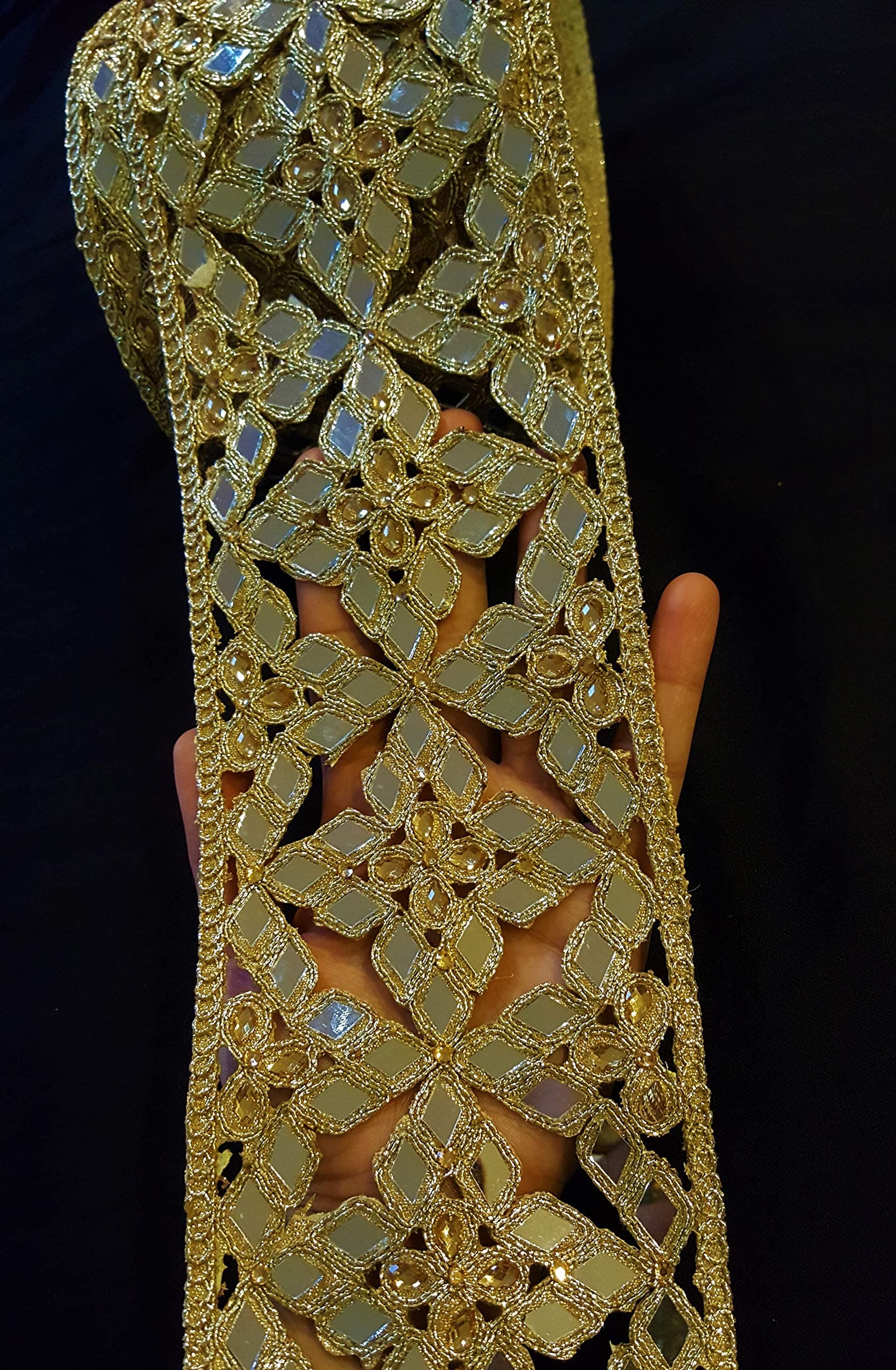 Trim by The Yard Costume Trim Decorative Ribbon Metallic Ribbon Beaded Trim Gold Kundan Lace Crafting Sewing Trimmings Border (Gold 3)