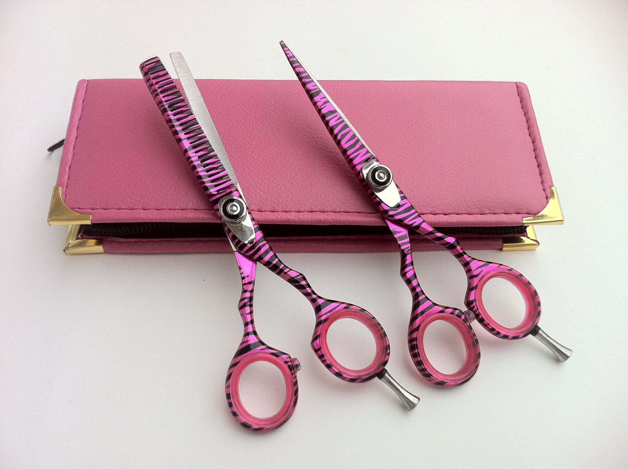 Hair Scissors Professional Hairdressing Cutting thinning Shears and Scissors Barber Salon Shears 5.5" Hair Styling Shears Scissors (2piece Set) Japanese Stainless Steel Pink Zebra /