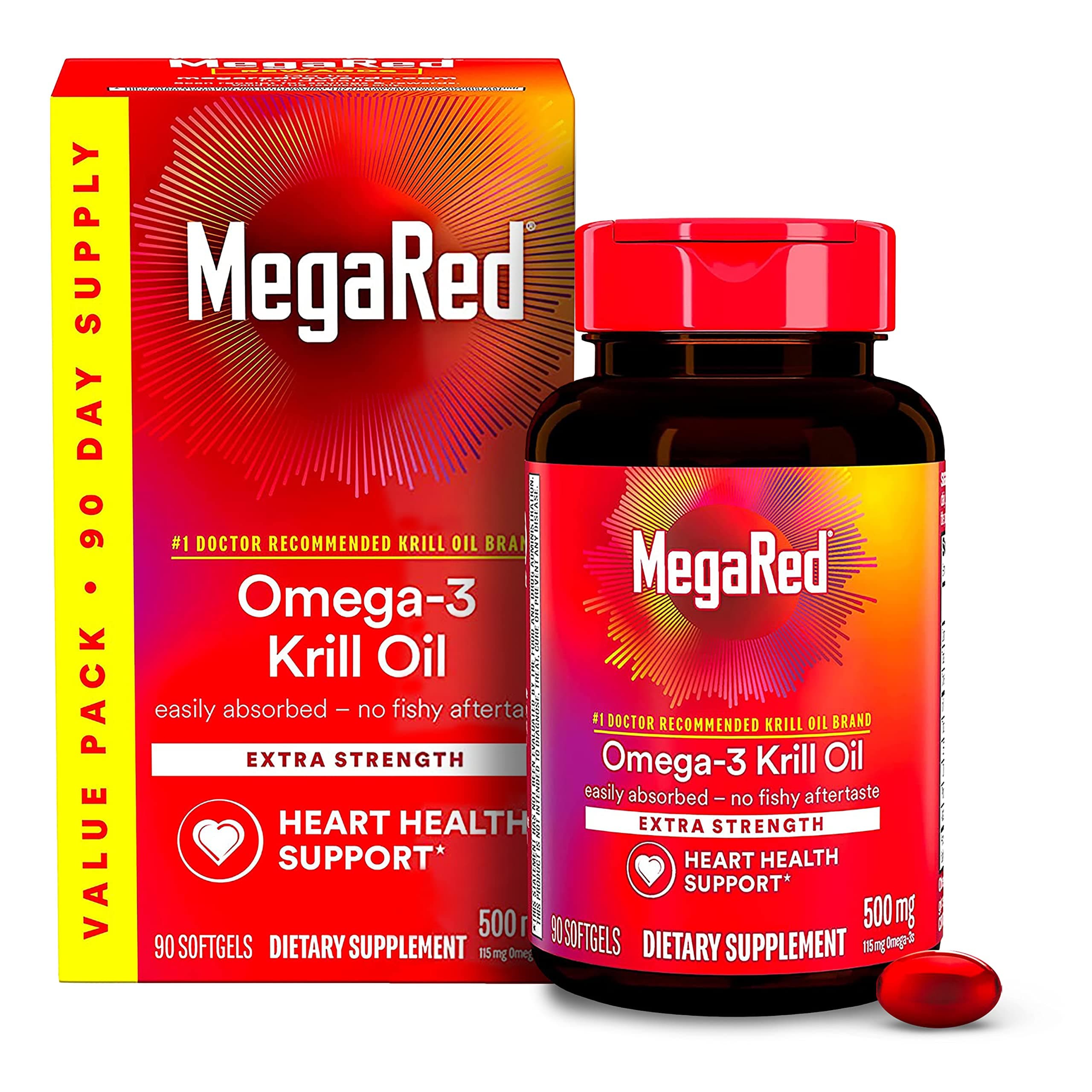 Antarctic Krill Oil 500mg Omega 3 Fatty Acid Supplement, Extra Strength EPA & DHA Krill Oil Softgels (90cnt Box), Astaxanthin, Heart Health Supplement with No Fish Oil Aftertaste