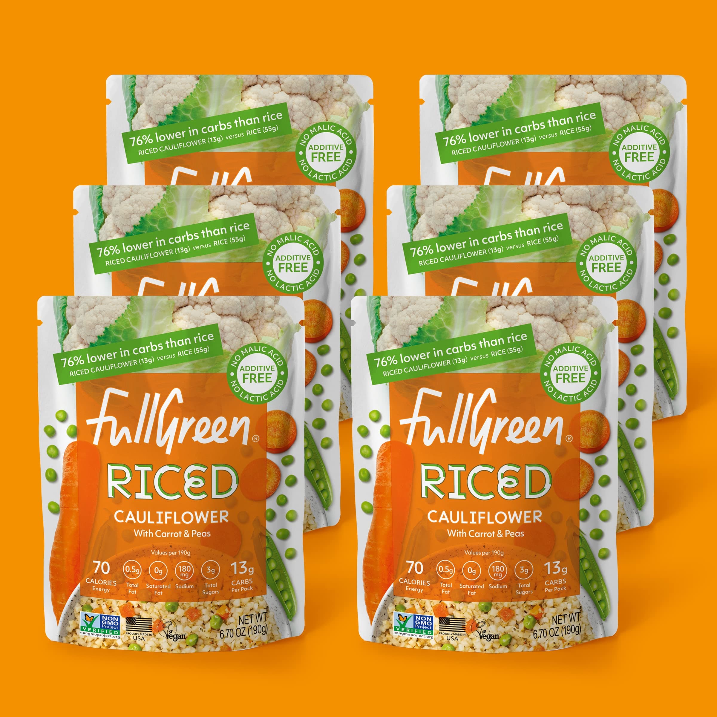 Fullgreen Riced Cauliflower with Carrots and Peas, non-gmo, no preservatives, shelf-stable - exclusive Keto take home case of 6 pouches