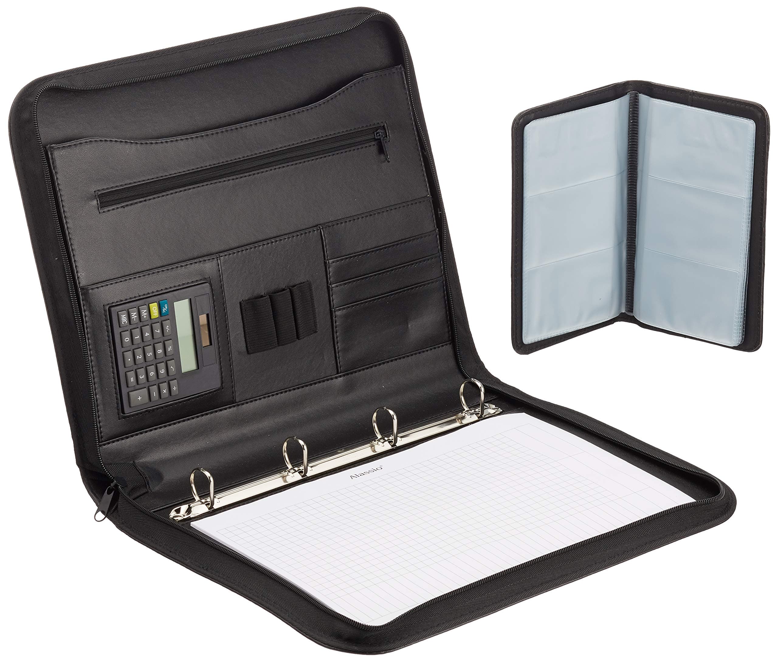 Alassio Monterosso 30143 Ring Binder Folder DIN A4 Format Imitation Leather Document Folder Black Expanding Folder Approx. 36 x 28.5 x 4 cm Folder with Compartment Pocket and Calculator