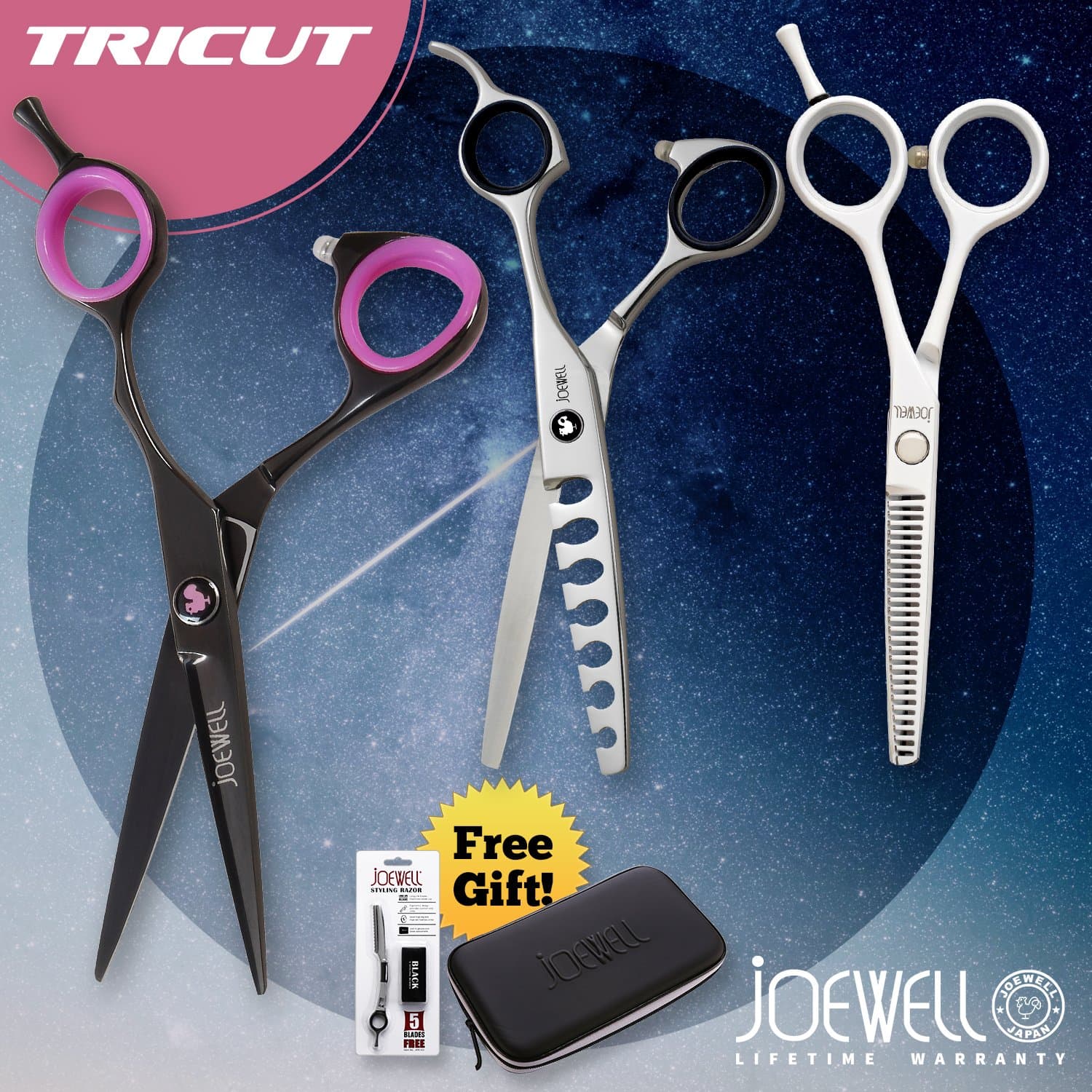 Joewell XO 5.5" Black Shears / Scissors Trio Kit - Shear, Texturizer, Blender & More
