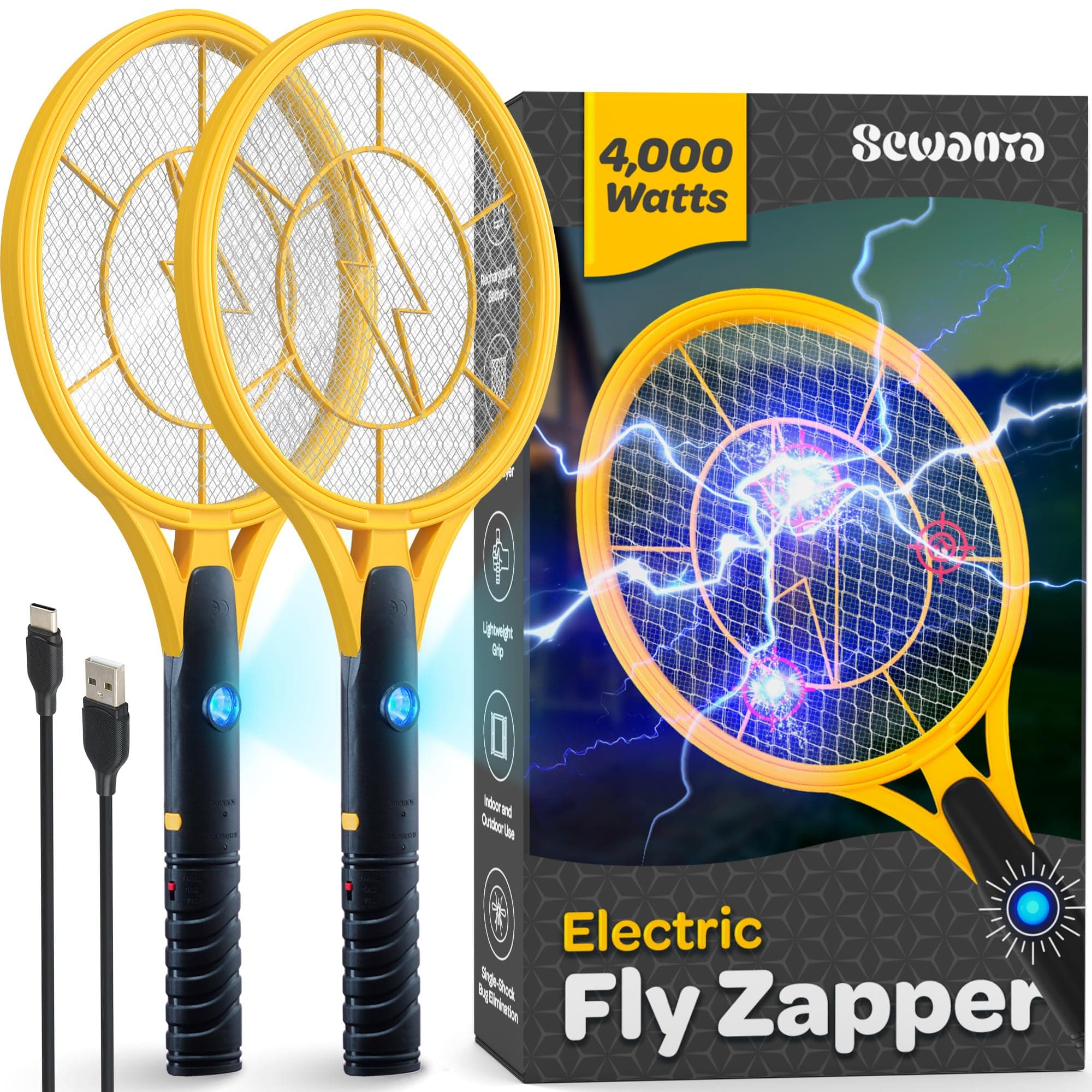 Electric Fly Swatter Handheld Bug Zapper Racket for Indoor/Outdoor - 4000 Volt Fly Swatter - Instant Bug & Mosquito Killer with Attractant LED Light - USB Rechargeable Portable Fly Zapper.