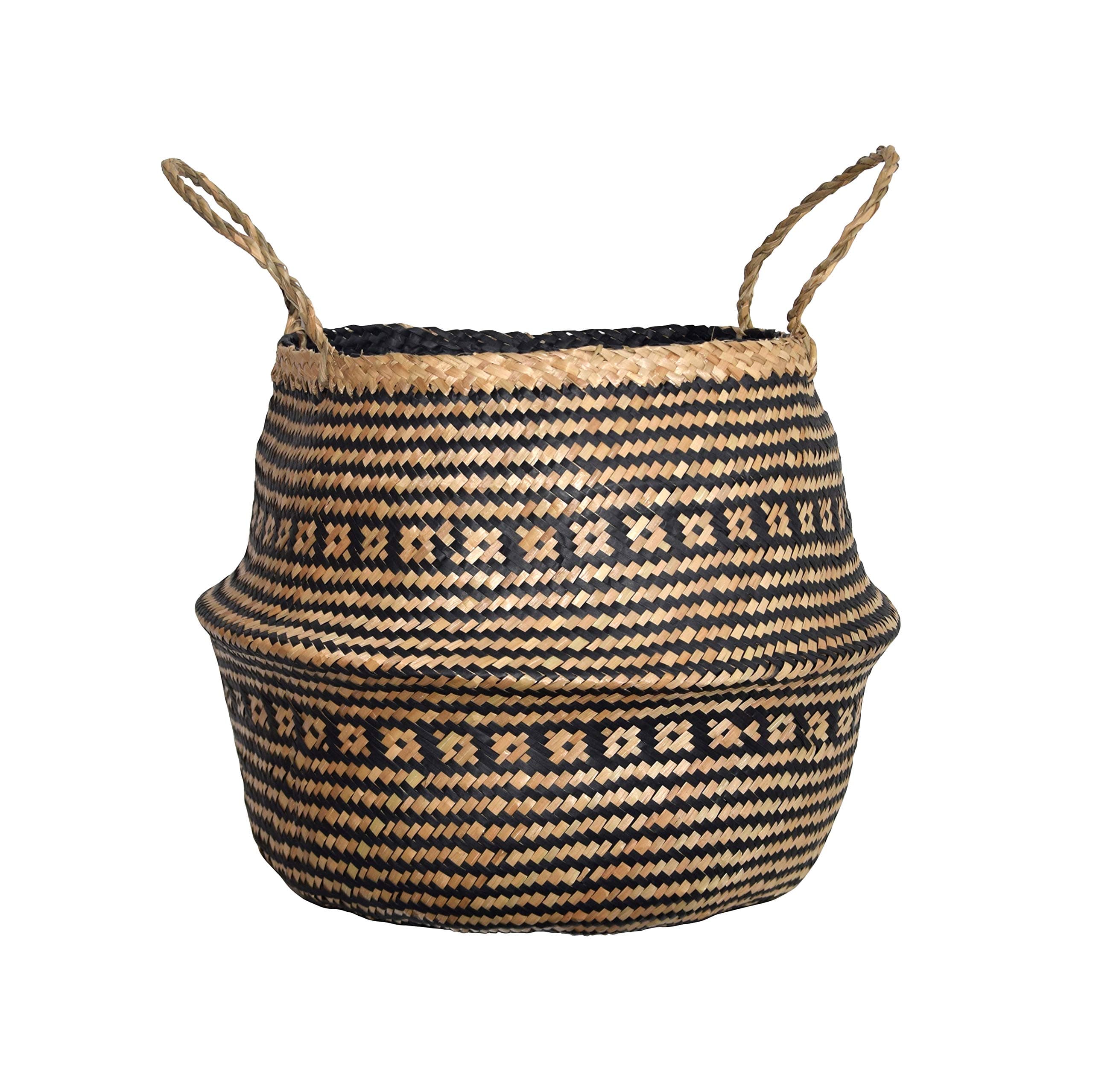 dufmod CrissCross Black Small Natural and Plush Woven Seagrass Tote Belly Basket for Storage, Laundry, Picnic, Plant Pot Cover, and Beach Bag (Plush Criss-Cross Seagrass Black, Small)