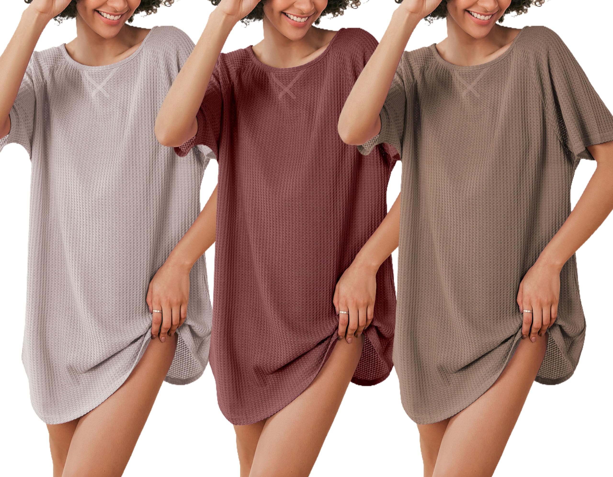 Ekouaer 3 Pack Women's T-shirt Nightgown Waffle Knit Short Sleeve Sleepshirts Casual Cover Ups S-XXXL