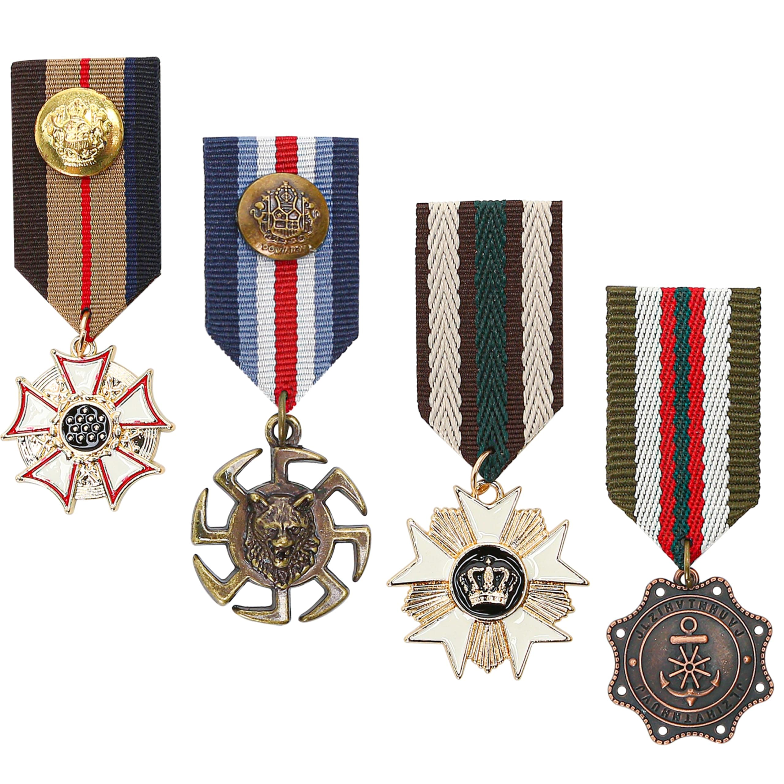 4PCS Military Medal Brooch Pins, Retro Vintage Crown Metal Fake Metal Geometric Brooch for Men Badge, Soldier Patriot US Officer Army Uniform Costume Ribbons Epaulets Coat Jacket