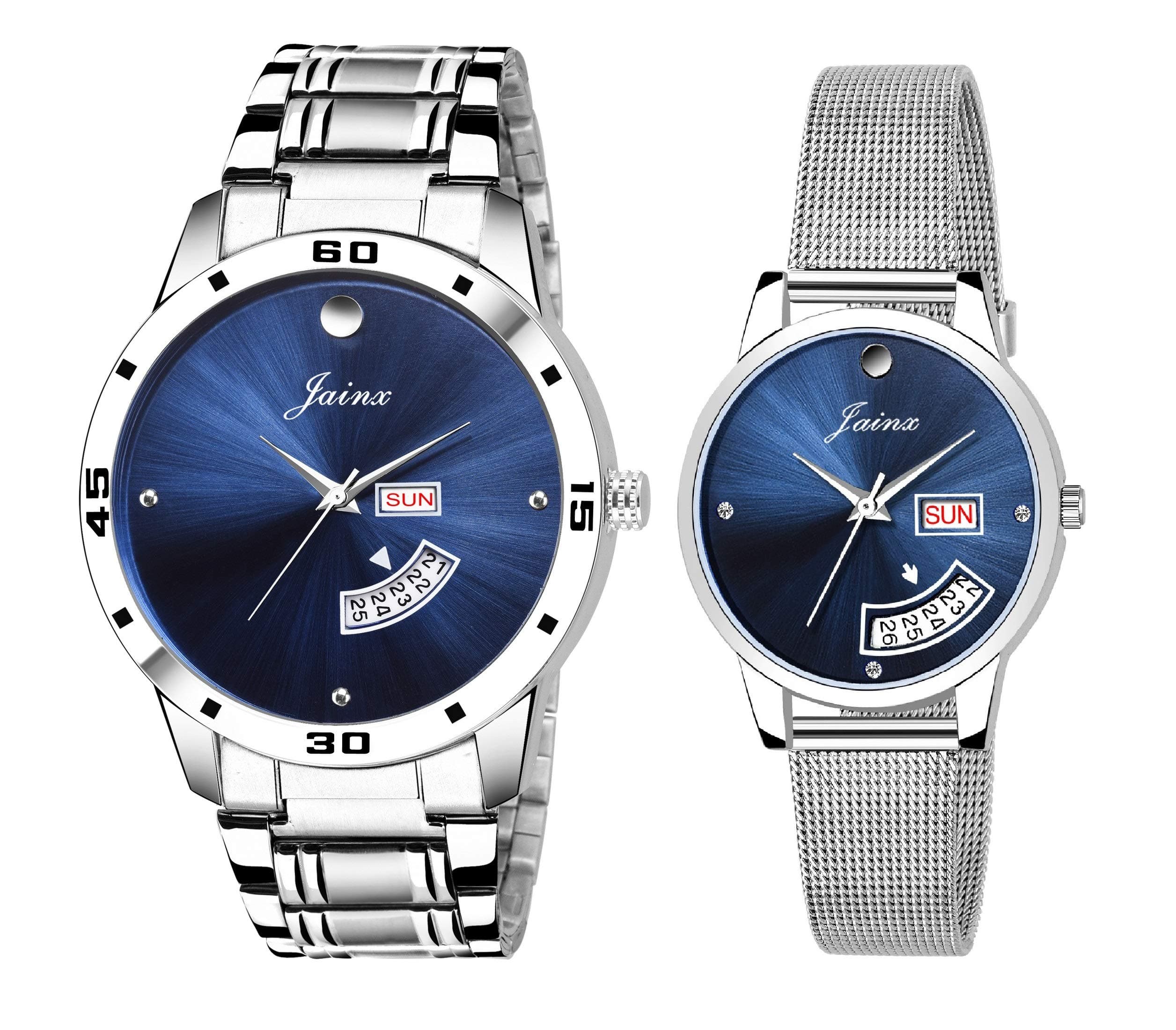 Day and Date Dial Steel Chain Analog Wrist Watch for Couple (Black/Silver/Red/Blue Dial)