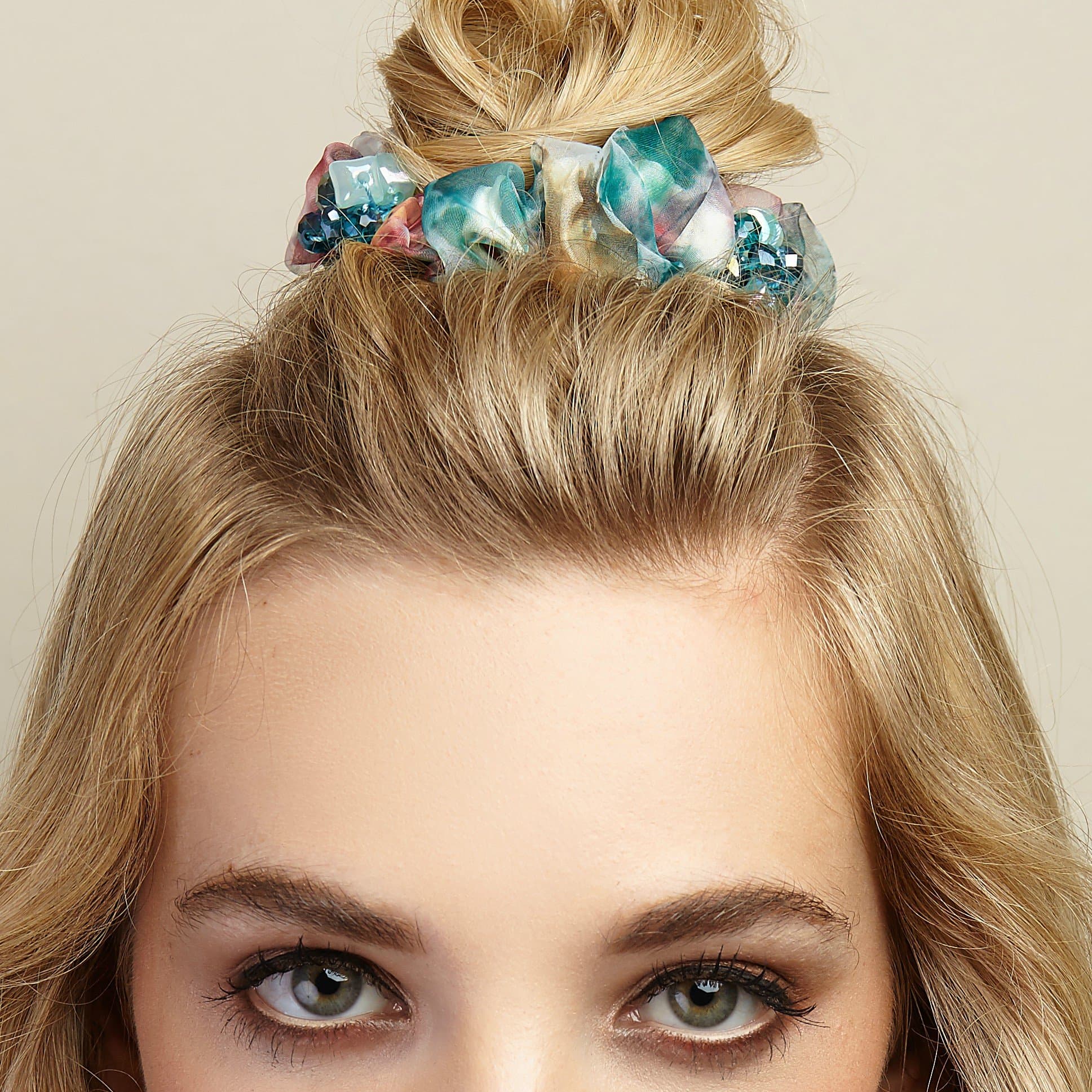 QueenMee Beaded Scrunchie Beaded Hair Band Rhinestone Scrunchie Scrunchy Beaded Hair Scrunchie Jewelled Hair Band Hair Tie Hairtie Jewelled Hair Accessory Agate Semi Precious Hairband (Multi-Coloured)