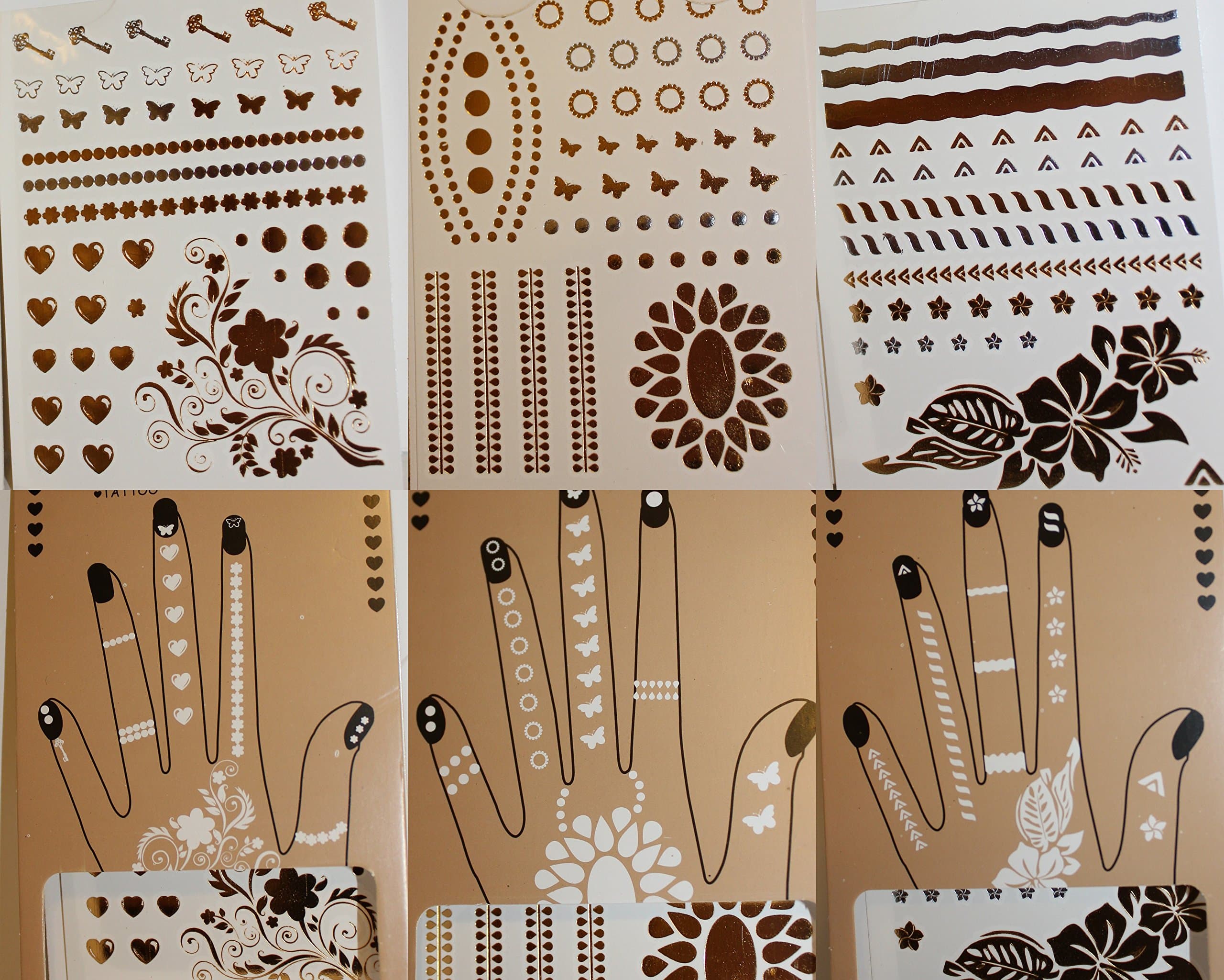 Flash Temporary Tattoos - Look Gorgeous & Feel Stylish - 10x Better Than Makeup or Henna Body Paints - Custom Jewelry Designs in Gold, Black and Silver Glitters (5X4)