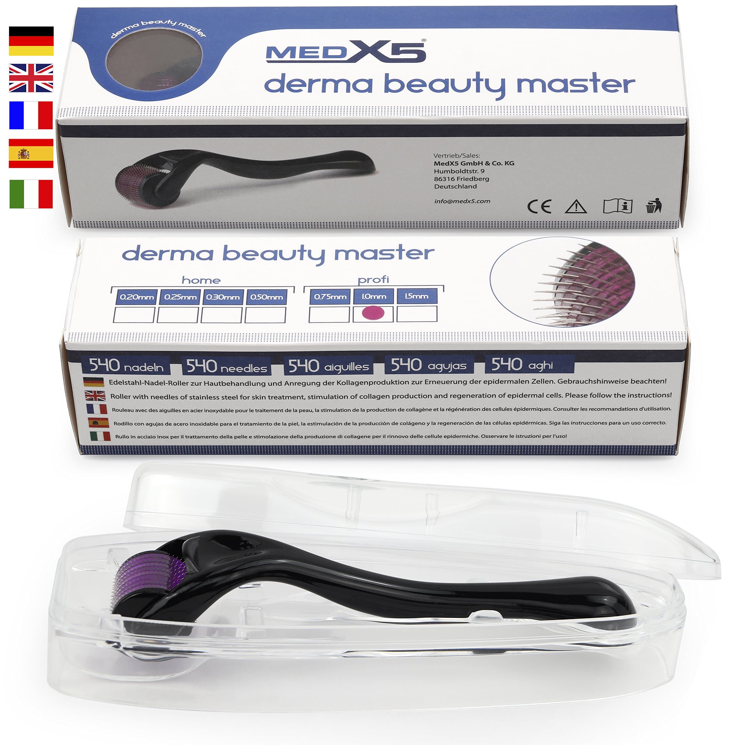MedX5 (Upgrade 2019) 1mm Dermaroller (540 stainless steel needles), Derma roller against deep scars and cellulite, Medical Device Class I with CE