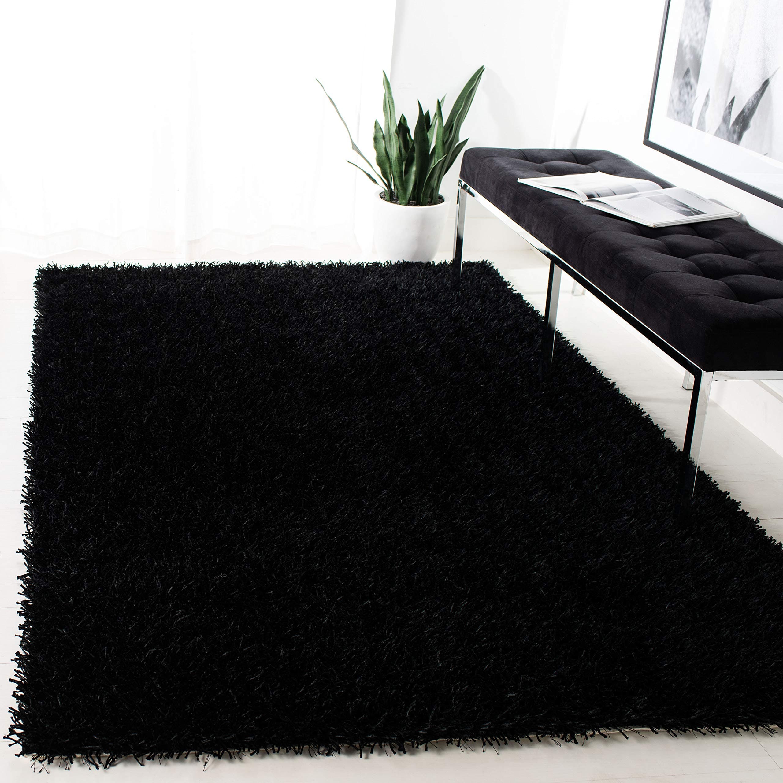 SAFAVIEH New Orleans Shag Collection Area Rug - 5' x 8', Black & Black, Handmade, 1.6-inch Thick Ideal for High Traffic Areas in Living Room, Bedroom (SG531-9090)