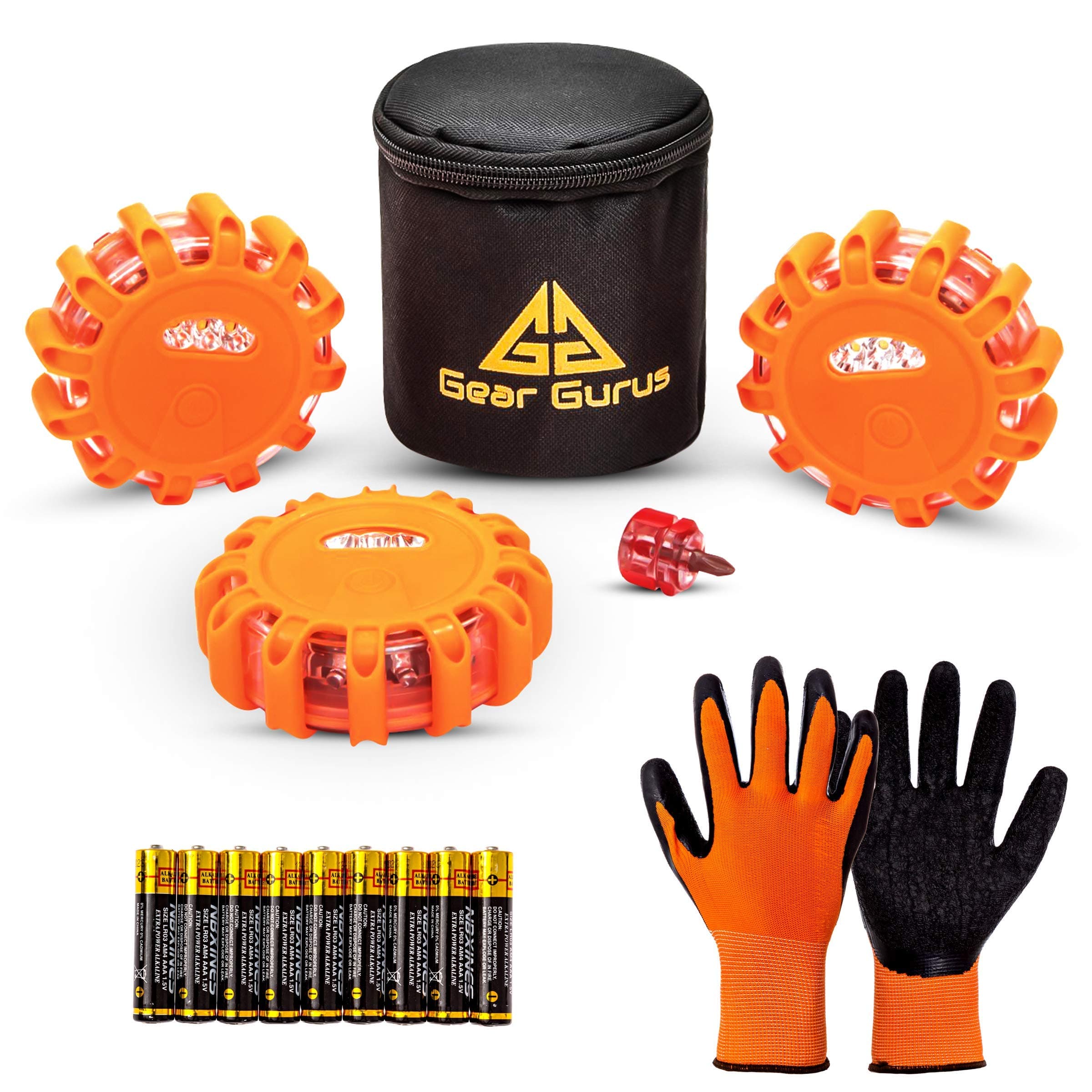 LED Road Flares Kit - Flashing Warning Light Emergency Disc Beacon Roadside Flare Safety Light Magnetic Base for Car Truck Boat - Batteries Screwdriver Gloves Storage Bag Included (1-Set)