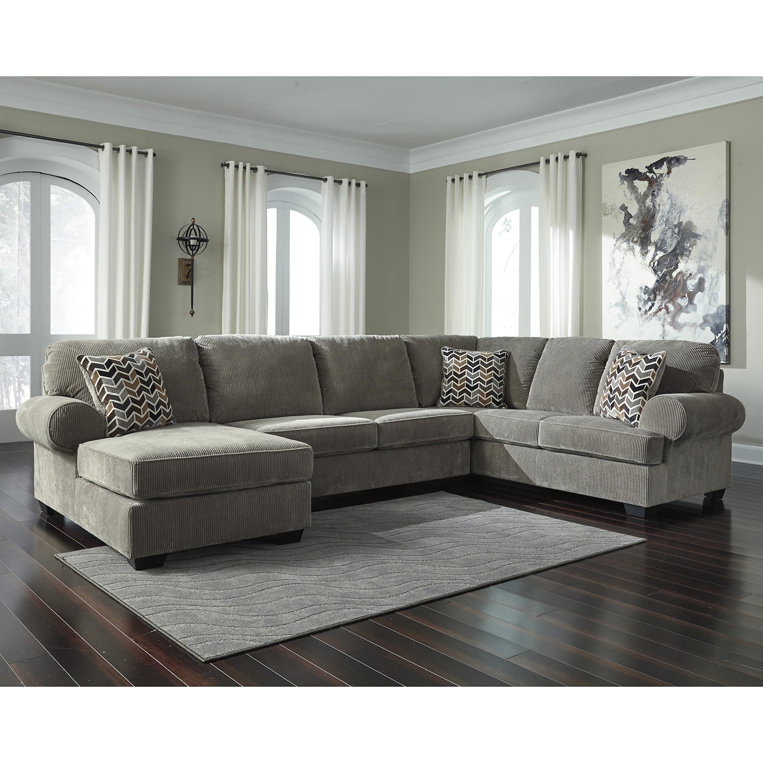 Flash Furniture Signature Design by Ashley Jinllingsly 3-Piece RAF Sofa Sectional in Gray Corduroy