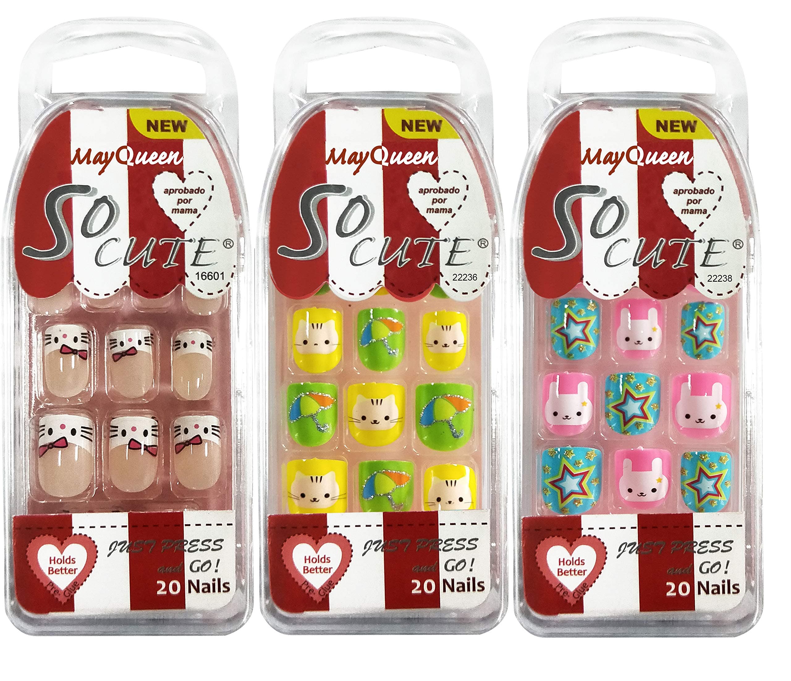 3PACK 60tips Junior Artificial False Nails Animal Design, Mini Fake Nail Bar For Kids (Cat)