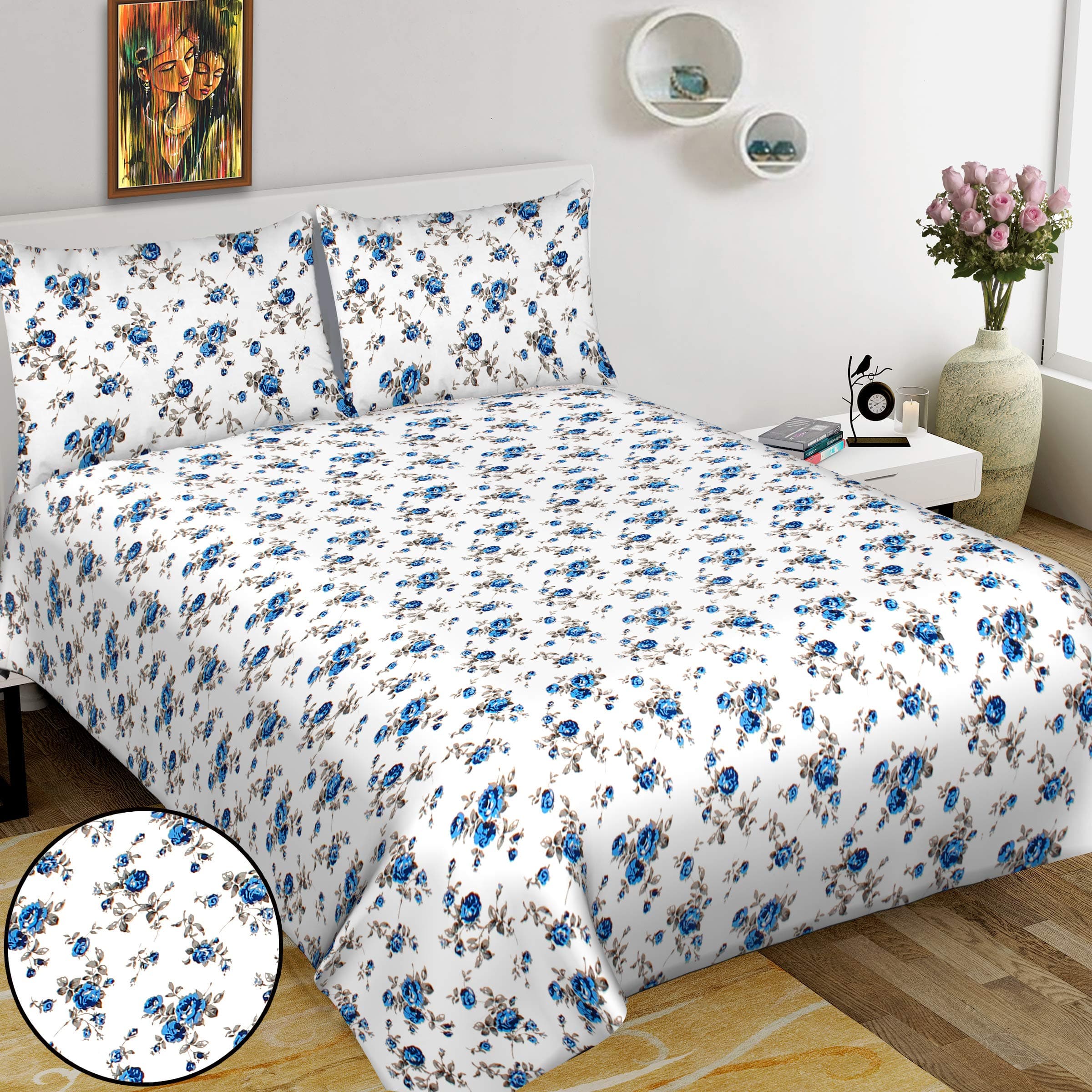 Fecom 100% Cotton Rajasthani Jaipuri Sanganeri Print Traditional Attractive Quality King Size Peach Work Double Bedsheet with 2 Pillow Covers- 100"X108"โ ( Blue)