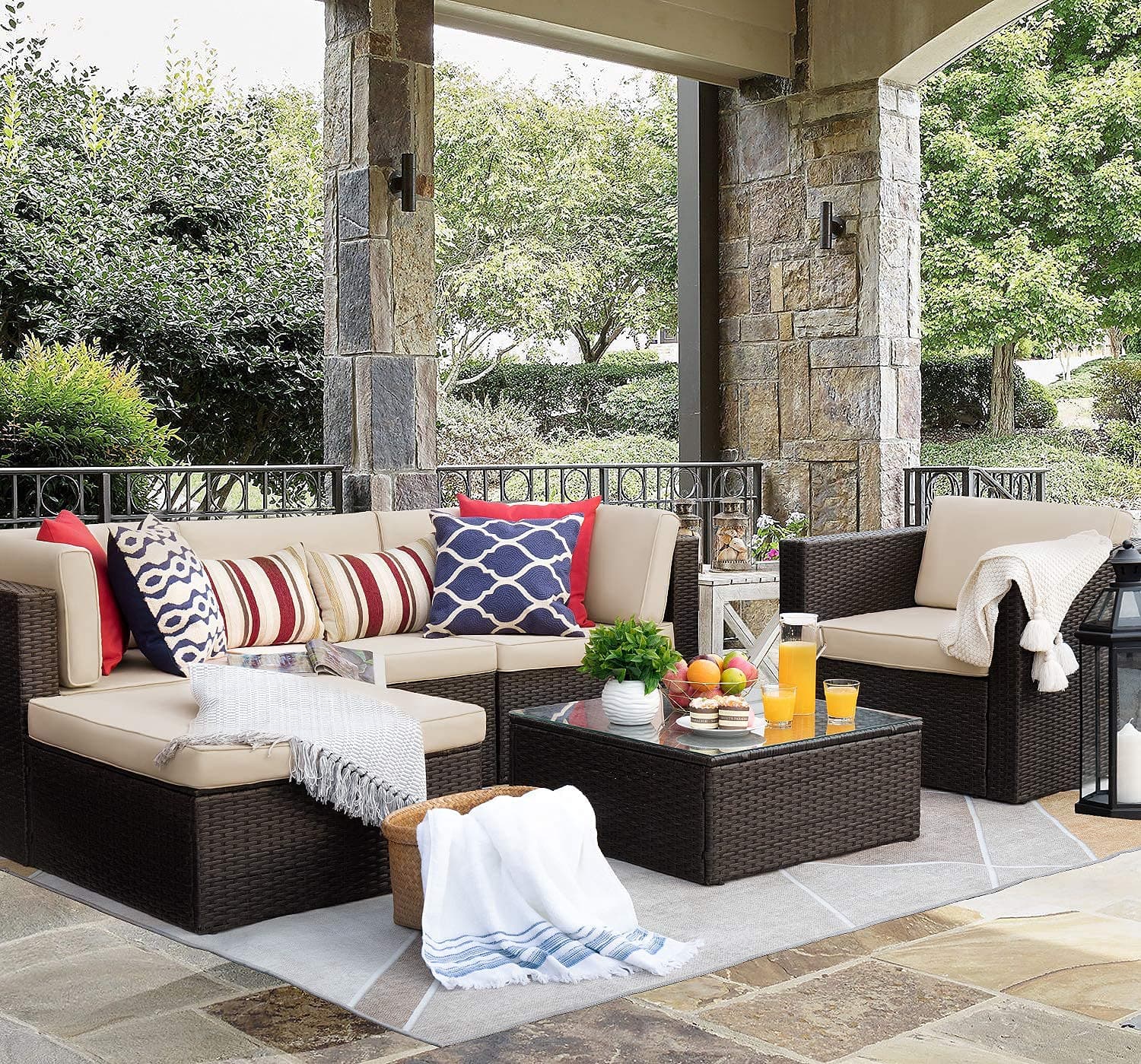 Flamaker6 Pieces Sectional Outdoor Furniture Patio Sofa Conversation Set with Cushion and Table (Beige)