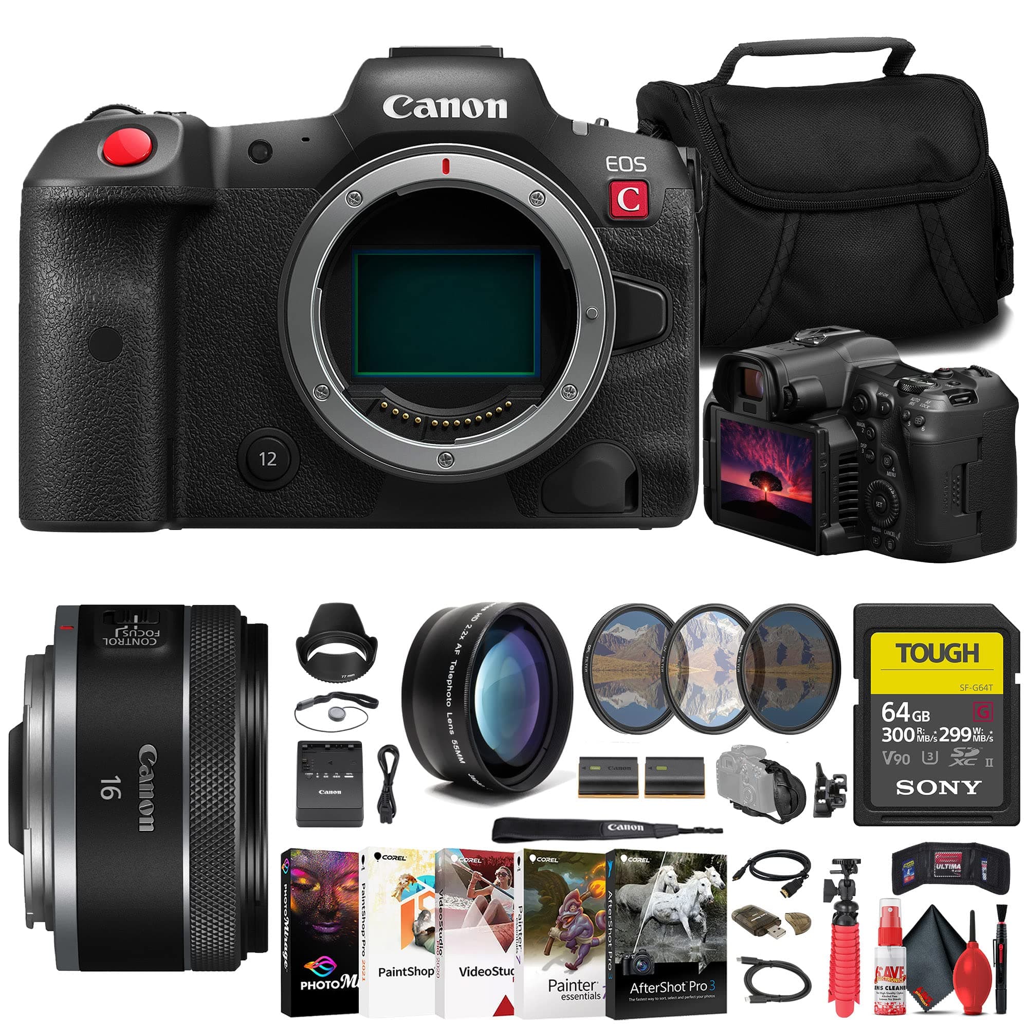 Canon EOS R5 C Mirrorless Cinema Camera (5077C002) + Canon 16mm Lens (5051C002) + Sony 64GB Tough SD Card + Filter Kit + Bag + Charger + LPE6 Battery + Telephoto Lens + Card Reader + More
