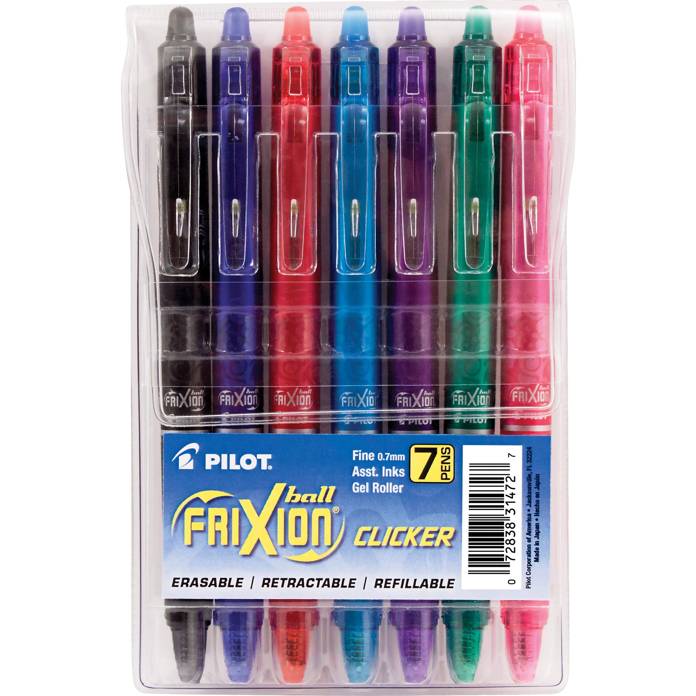 FriXion Clicker Erasable, Refillable & Retractable Gel Ink Pens, Fine Point, Assorted Color Inks, 7 Count (Pack of 1) (31472)