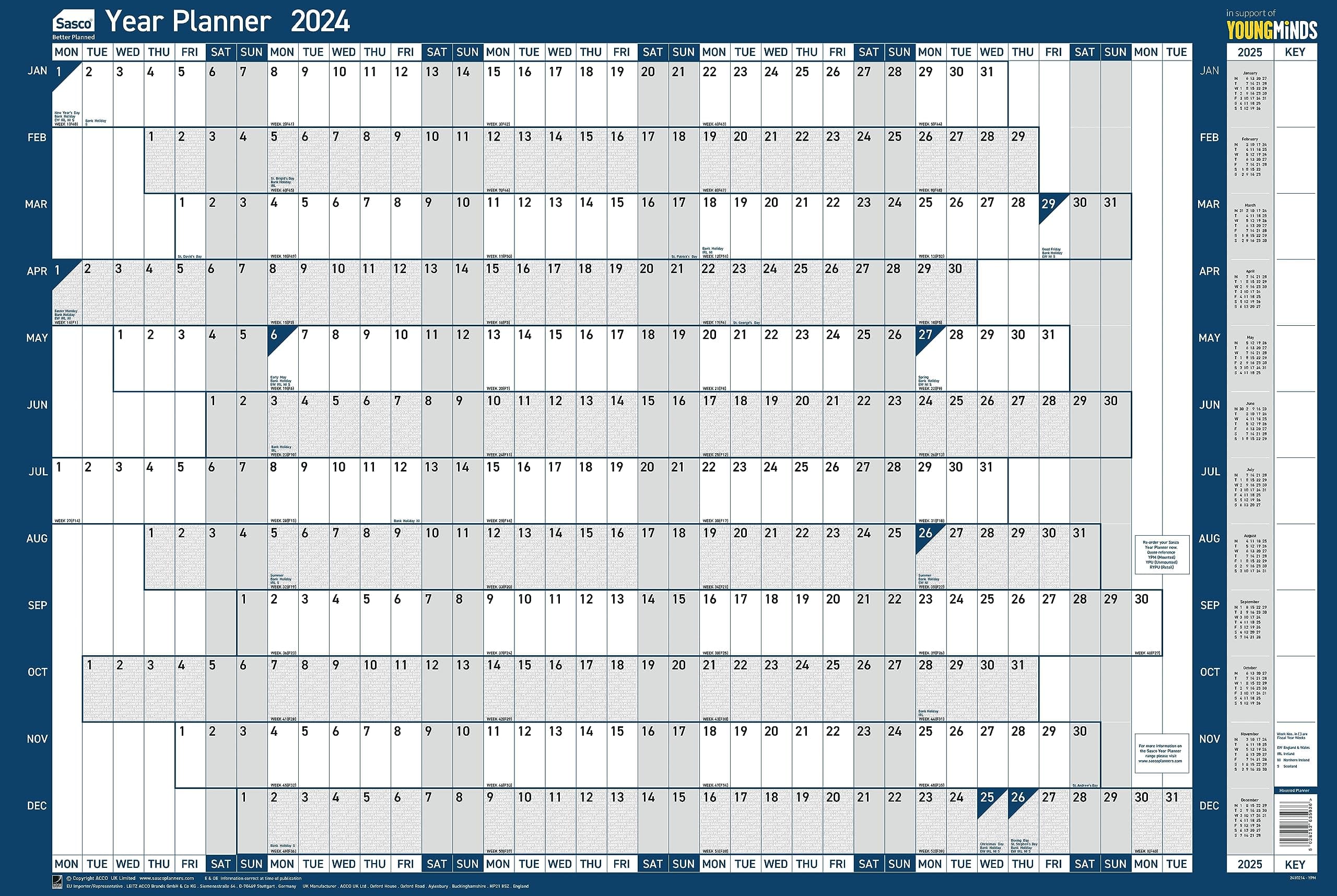 Sasco 2024 Yearly Wall Planner Set, Board Mounted Whiteboard Style Dry Erase Calendar, Large Wall Planner with Dry Erase Pen & Stickers, Wall Chart & Office Notice Board, Blue, 915 x 610mm, 2410214