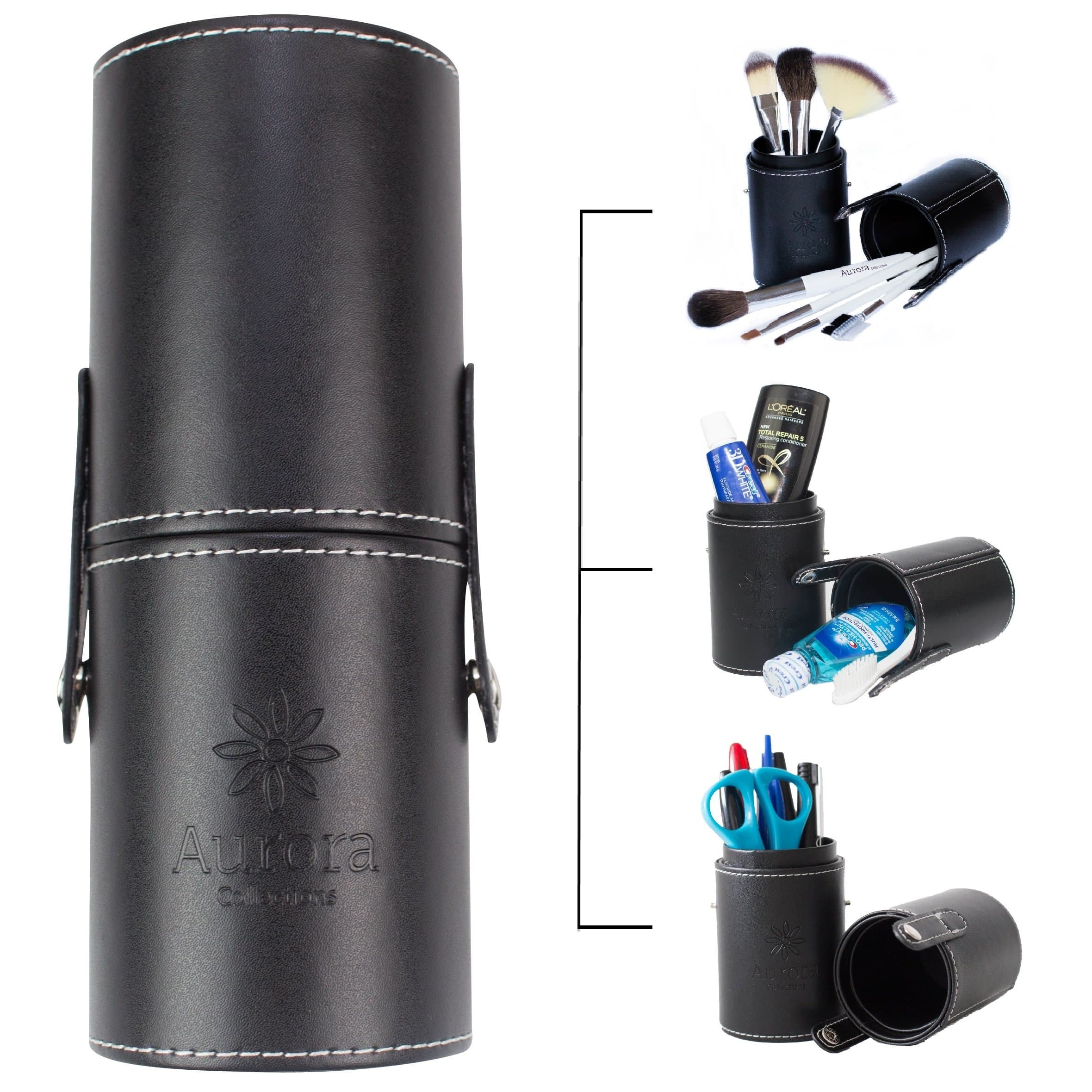 Makeup Brush Holder by The Aurora Collections, Compact Design Serves Multiple Needs - Travel Jewelry Case, Pencil Case or Holder, and Toiletry Bag - Hard Leather Cup for Protection!