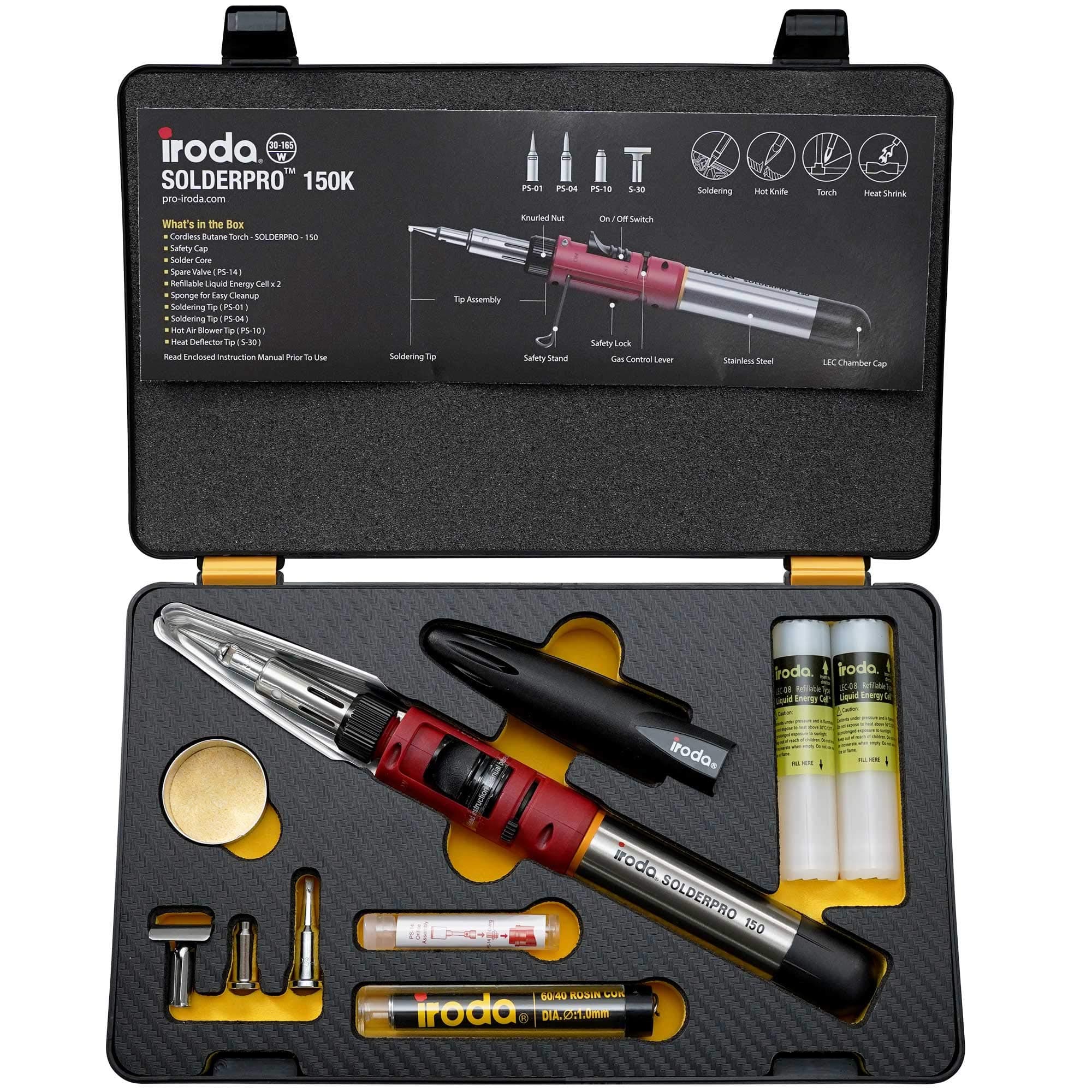 IRODA Professional Cordless Butane Soldering Iron Multi-Purpose Kit | SOLDERPRO 150K 4-in-1 30-125W Heat Tool, Rapid Heat Up, 100 Mins Run Time. Made in Taiwan, Butane Not Included