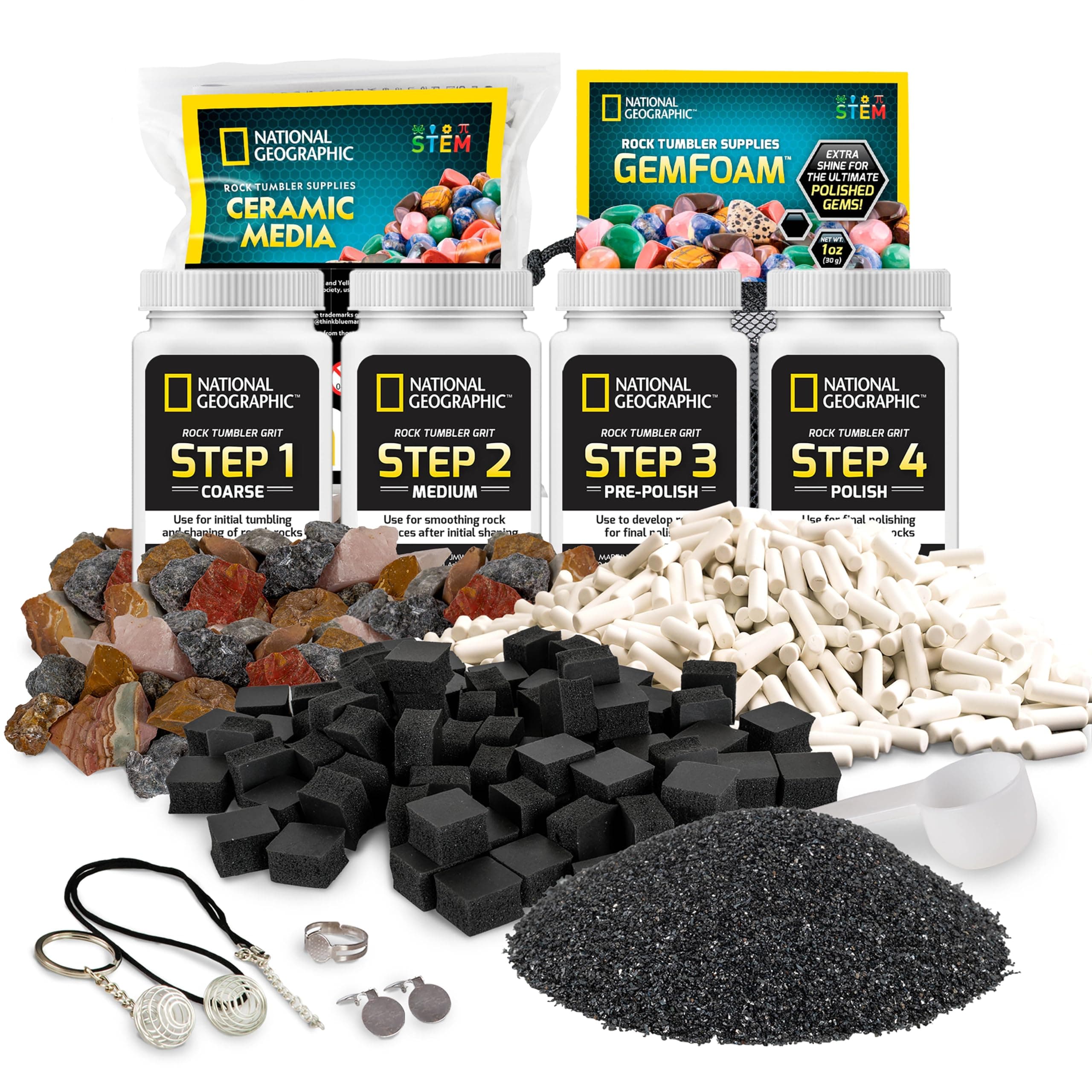 NATIONAL GEOGRAPHIC (Complete Starter Kit) - Rock Tumbler Media - Rock Polisher Tumbler Kit, 4 Stage Rock Tumbler Grit and Polish, Ceramic Pellets, GemFoam Polishing Foam, 1.4kg Madagascar Rocks, G...