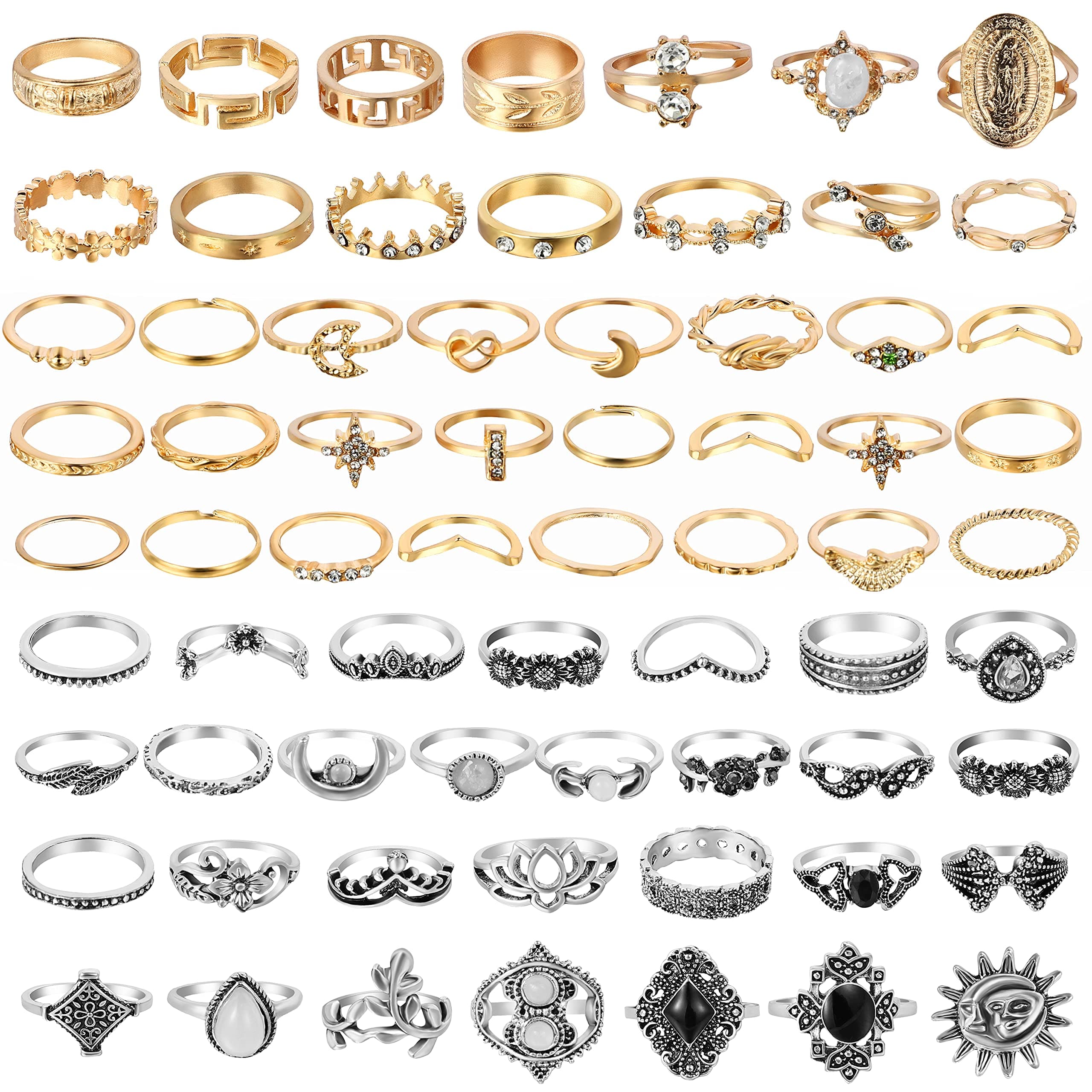 PANTIDE67Pcs Vintage Knuckle Rings Set Stackable Finger Rings Midi Rings for Women Bohemian Hollow Carved Flowers Gold&Silver Rings Crystal Joint Rings with Storage Bag