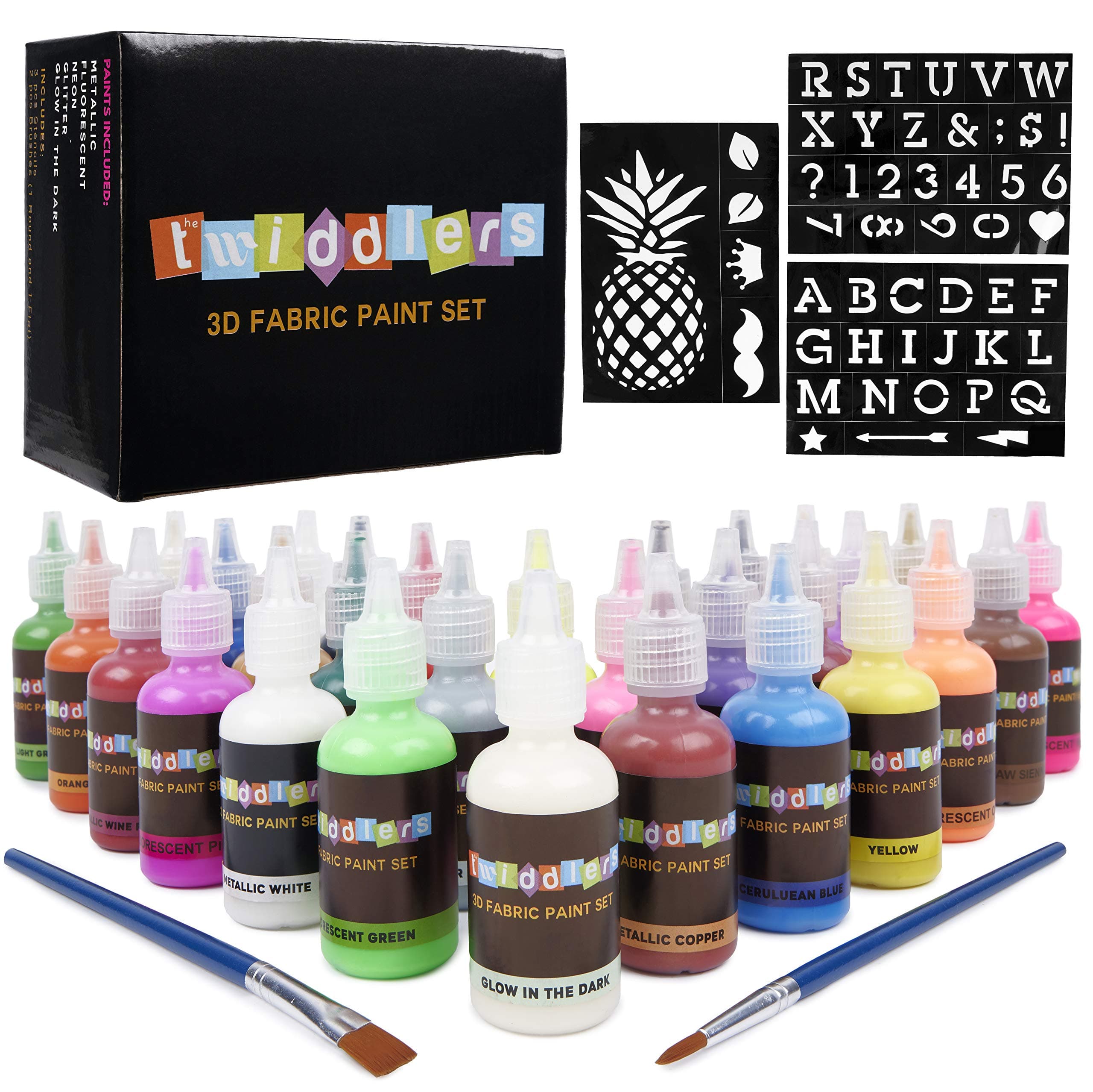THE TWIDDLERS - 30 Bottle of 3D Fabric Paints - Includes Neon & Glow in The Dark