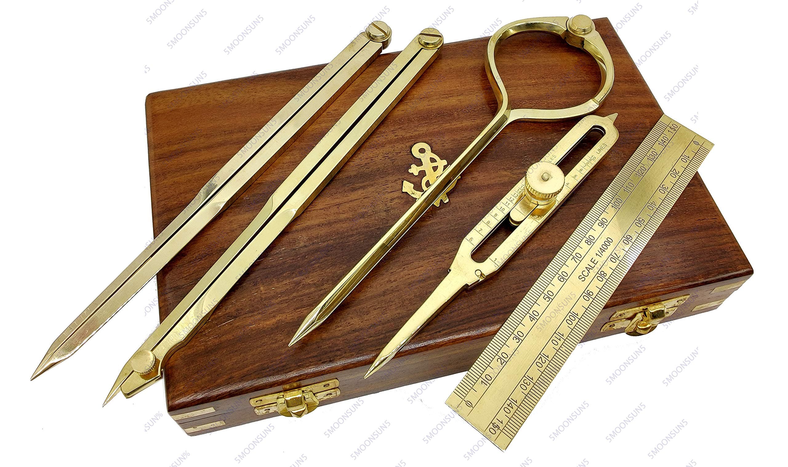 Proportional Divider Set of 5, Full Brass dividers with Executive Wooden Box, Single Handed 8" Brass Navigational Dividers Compass Set for Maritime, Naval, Geometry and Drafting