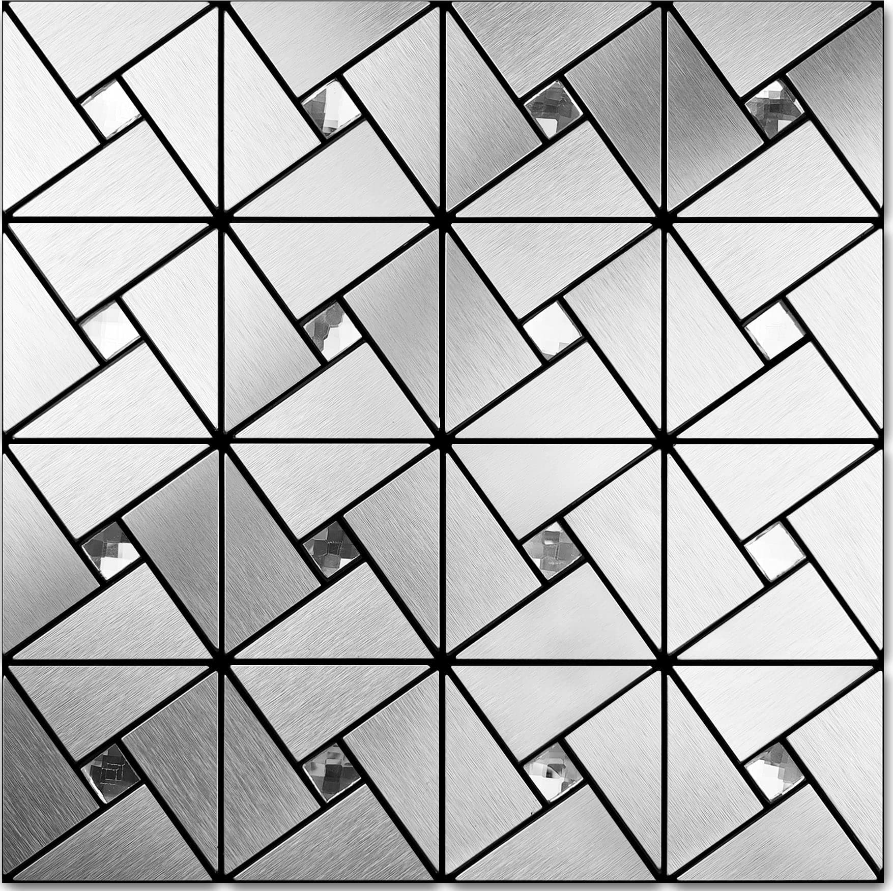 Vamos Tile Peel and Stick Backsplash Tile - Metal Tile Stick on Backsplash for Kitchen and Bathroom Silver Windmill Puzzle Glass Mixed Metal Self Adhesive Mosaic Tiles(12"x12"x10 Sheets)